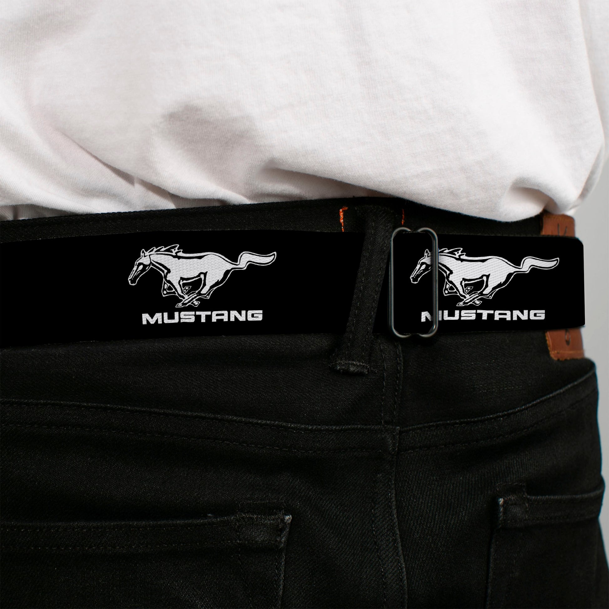 Ford Mustang Emblem Seatbelt Belt - Ford Mustang Black/White Logo REPEAT Webbing Seatbelt Belts Ford
