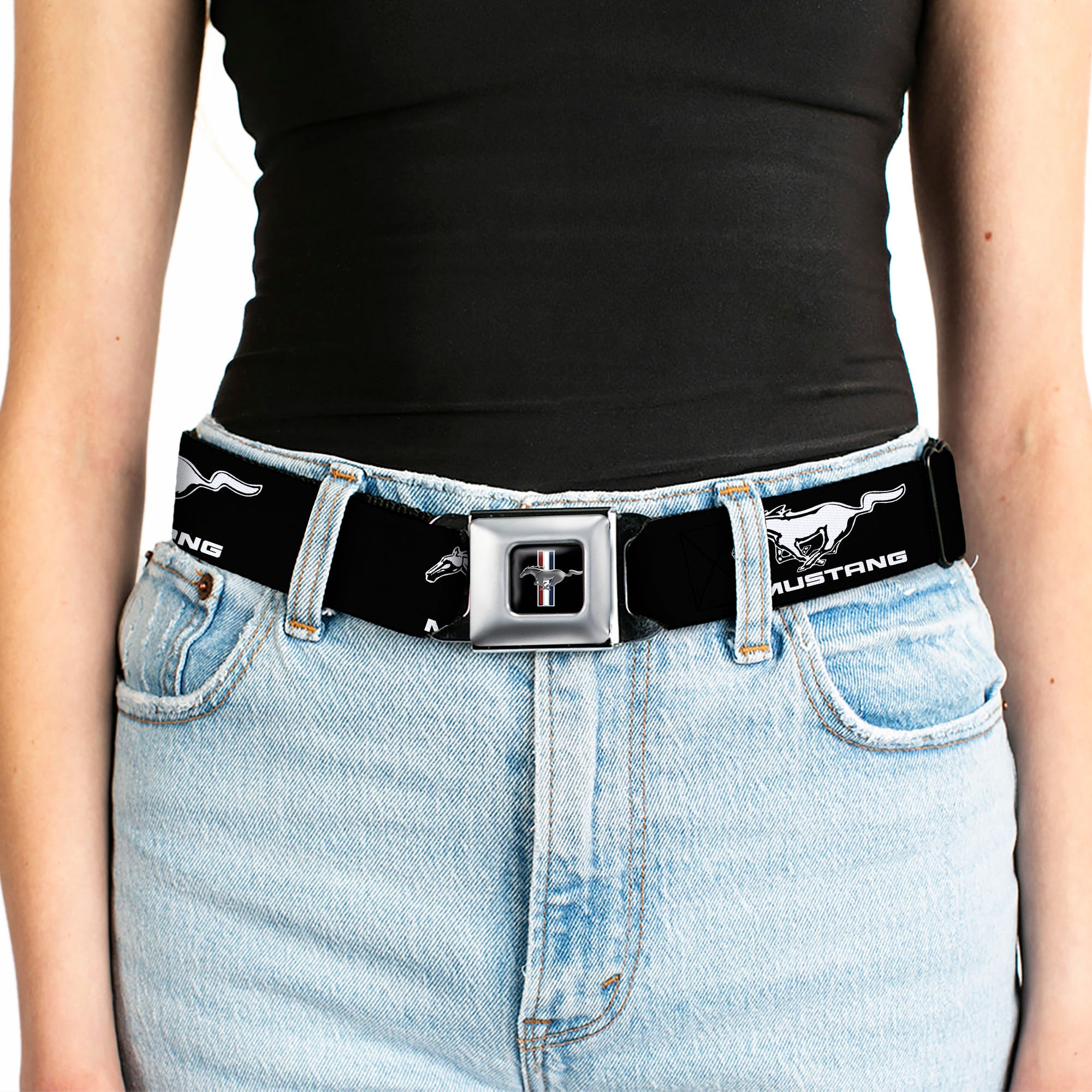 Ford Mustang Emblem Seatbelt Belt - Ford Mustang Black/White Logo REPEAT Webbing Seatbelt Belts Ford
