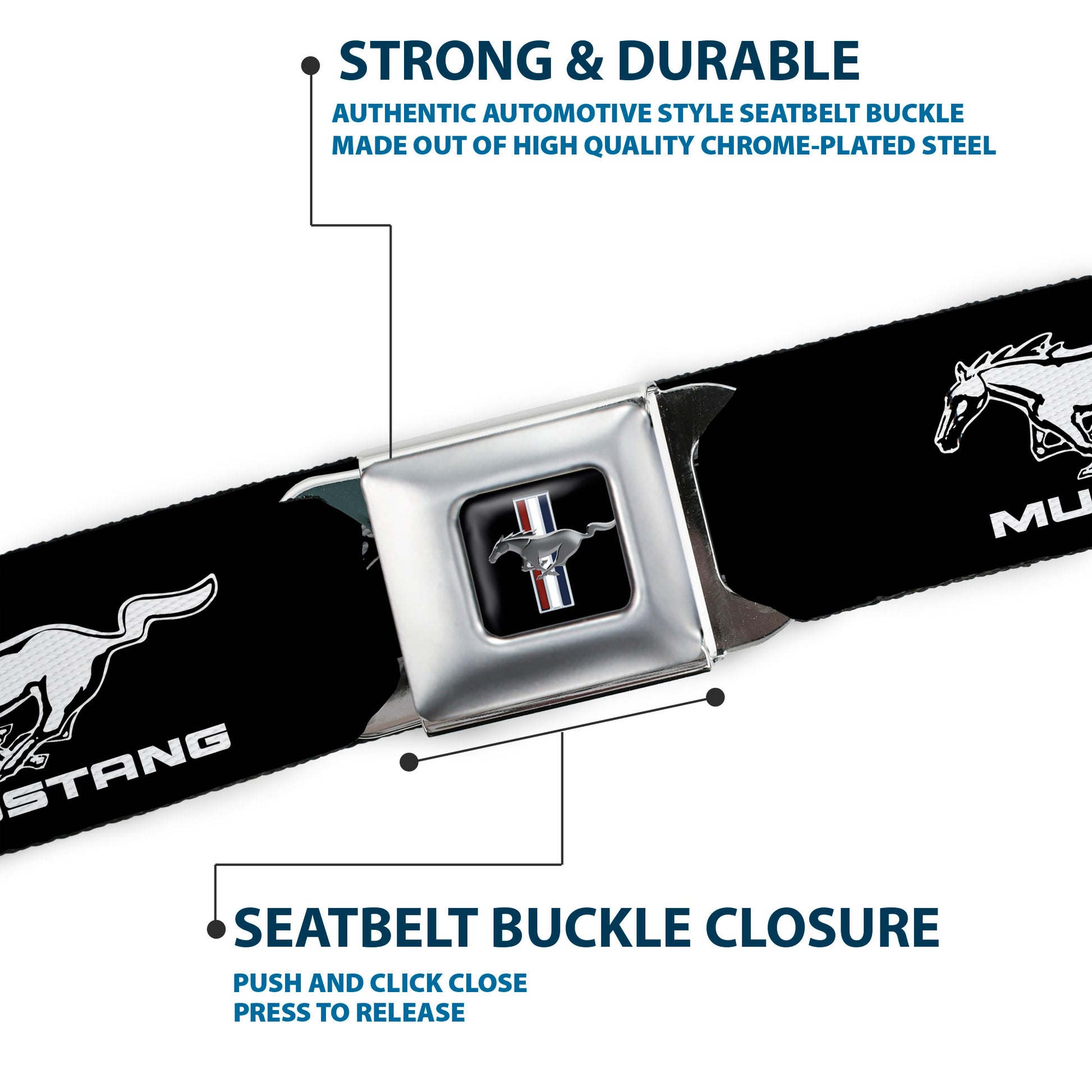Ford Mustang Emblem Seatbelt Belt - Ford Mustang Black/White Logo REPEAT Webbing Seatbelt Belts Ford