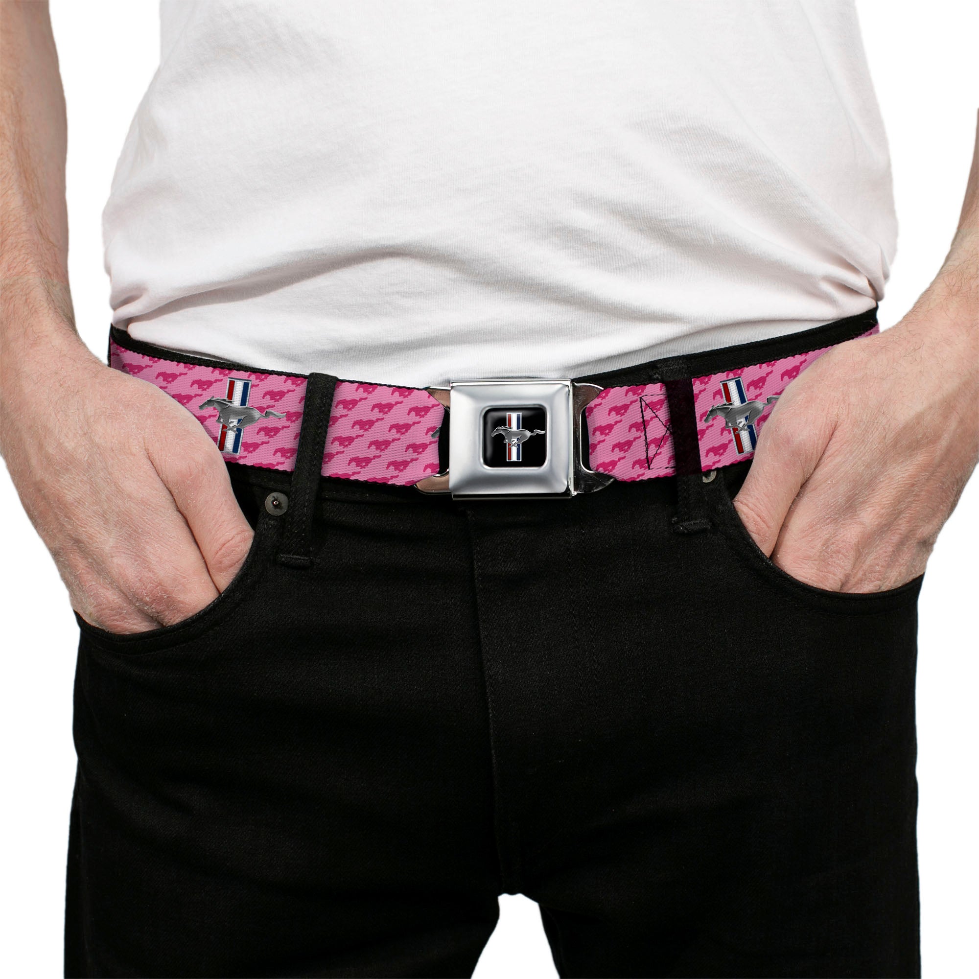 Ford Mustang Emblem Seatbelt Belt - Ford Mustang w/Bars w/Text PINK LOGO REPEAT Webbing Seatbelt Belts Ford