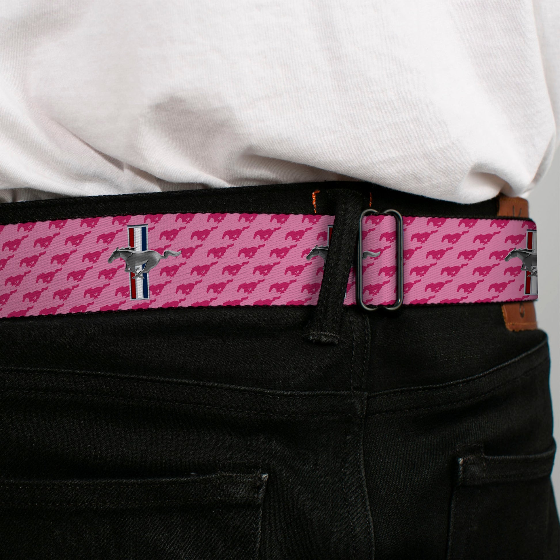 Ford Mustang Emblem Seatbelt Belt - Ford Mustang w/Bars w/Text PINK LOGO REPEAT Webbing Seatbelt Belts Ford