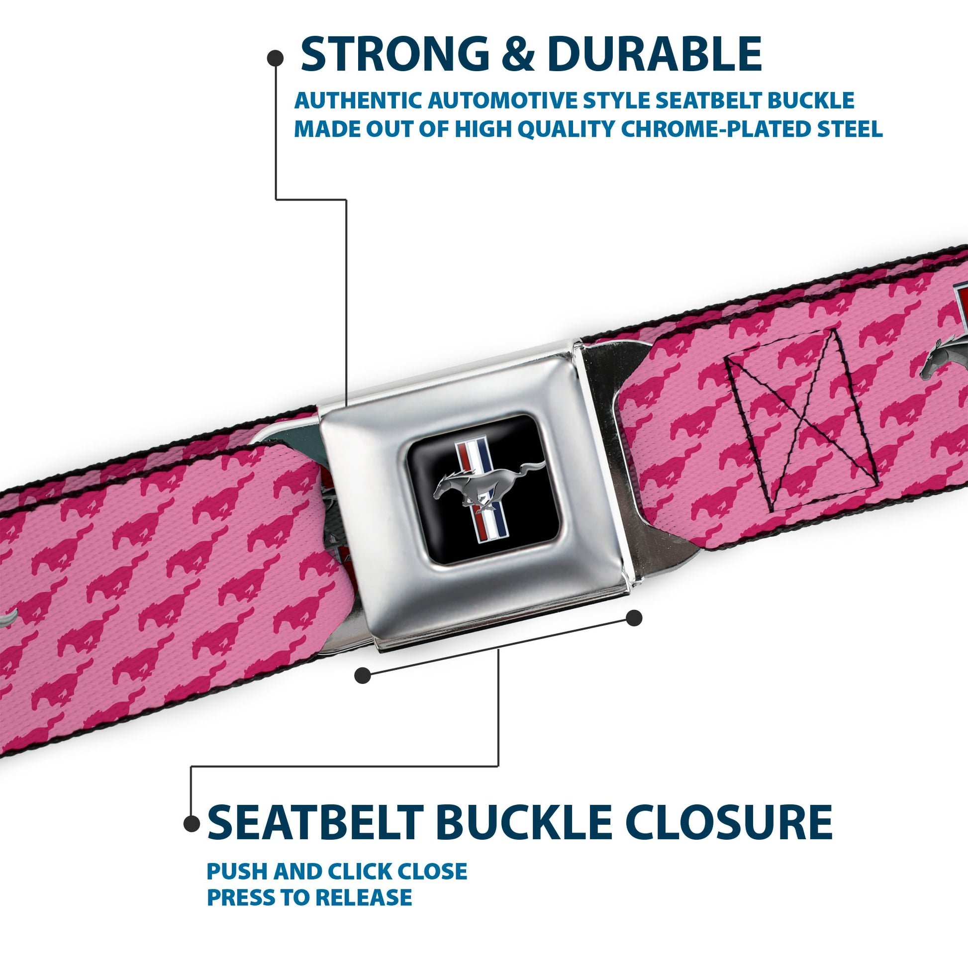 Ford Mustang Emblem Seatbelt Belt - Ford Mustang w/Bars w/Text PINK LOGO REPEAT Webbing Seatbelt Belts Ford