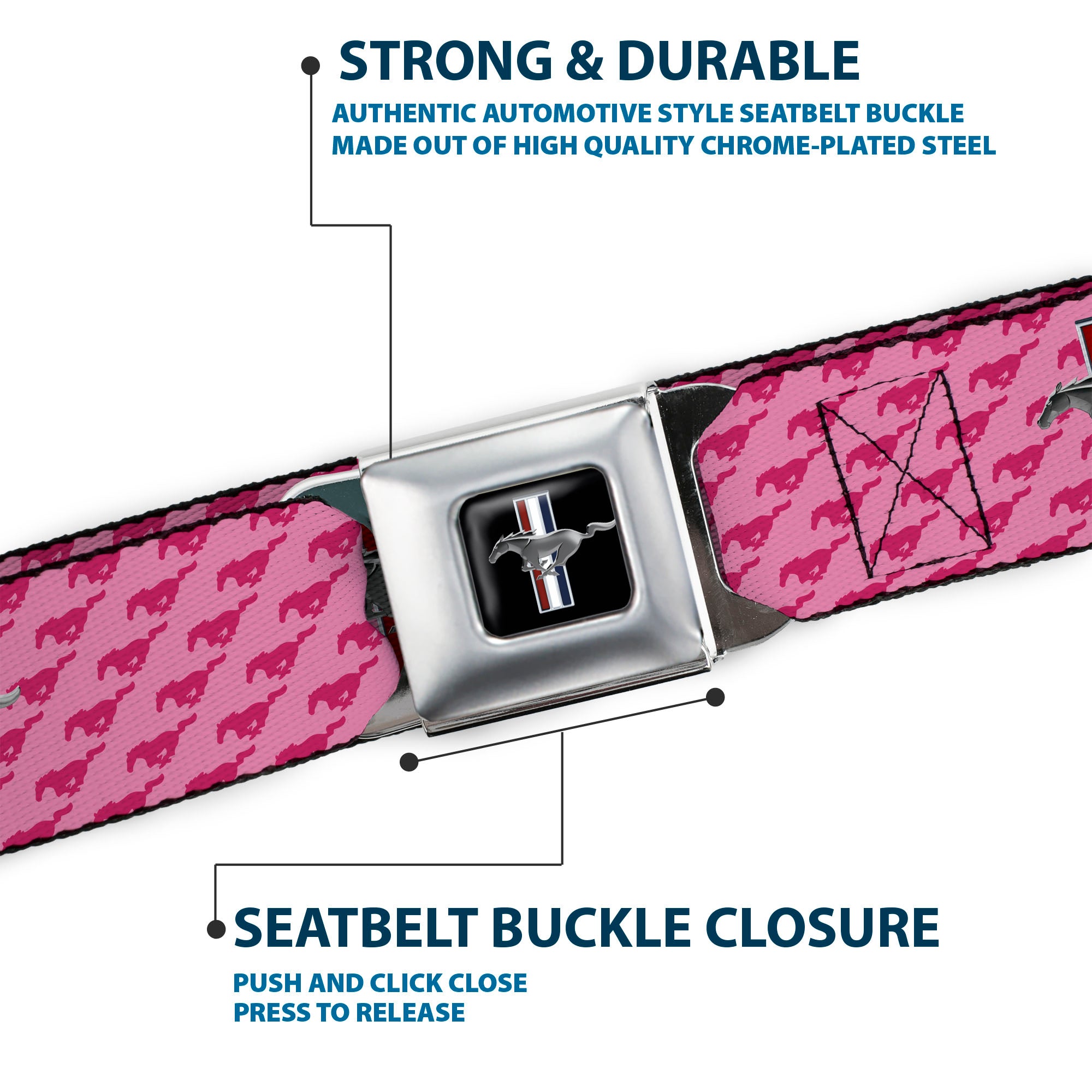 Ford Mustang Emblem Seatbelt Belt - Ford Mustang w/Bars w/Text PINK LOGO REPEAT Webbing Seatbelt Belts Ford