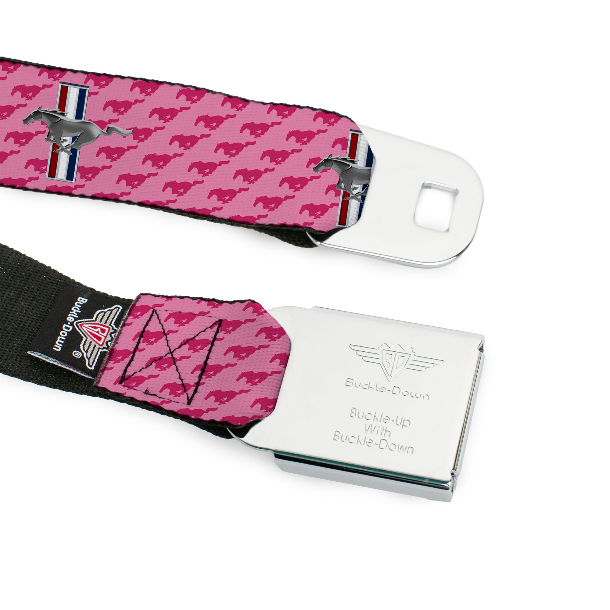 Ford Mustang Emblem Seatbelt Belt - Ford Mustang w/Bars w/Text PINK LOGO REPEAT Webbing Seatbelt Belts Ford