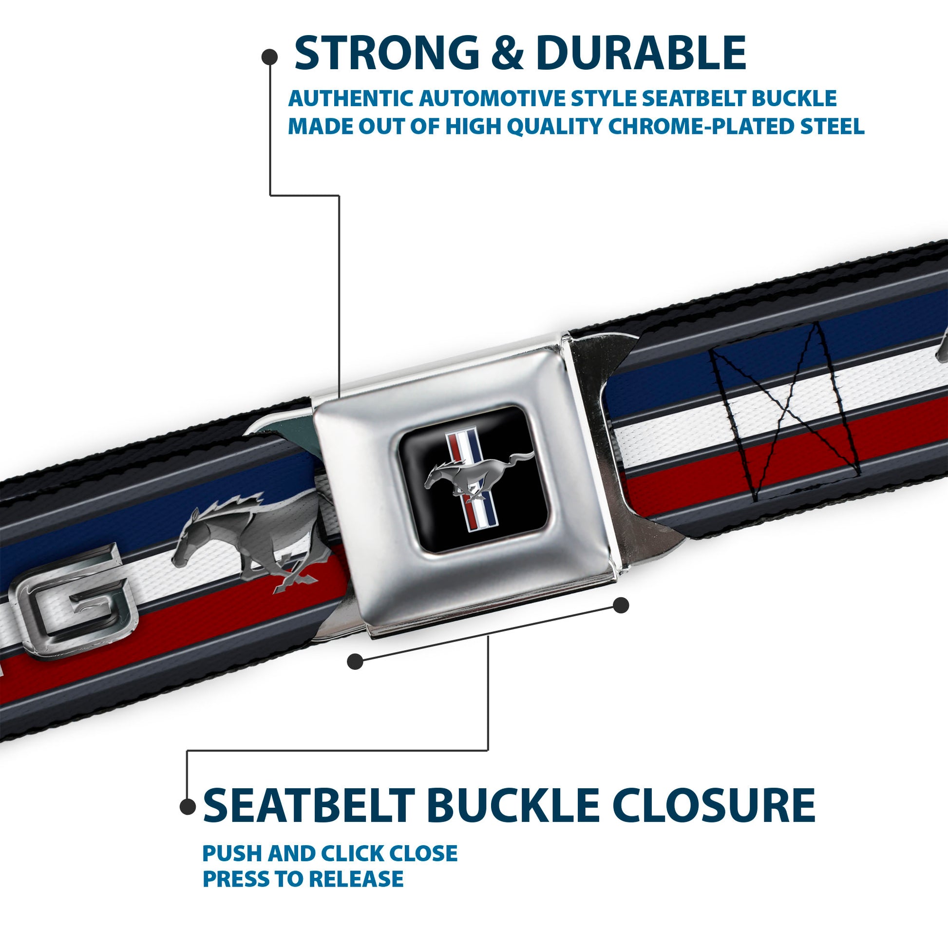 Ford Mustang Emblem Seatbelt Belt - Mustang/Text w/Tri-Bar Stripe Webbing Seatbelt Belts Ford