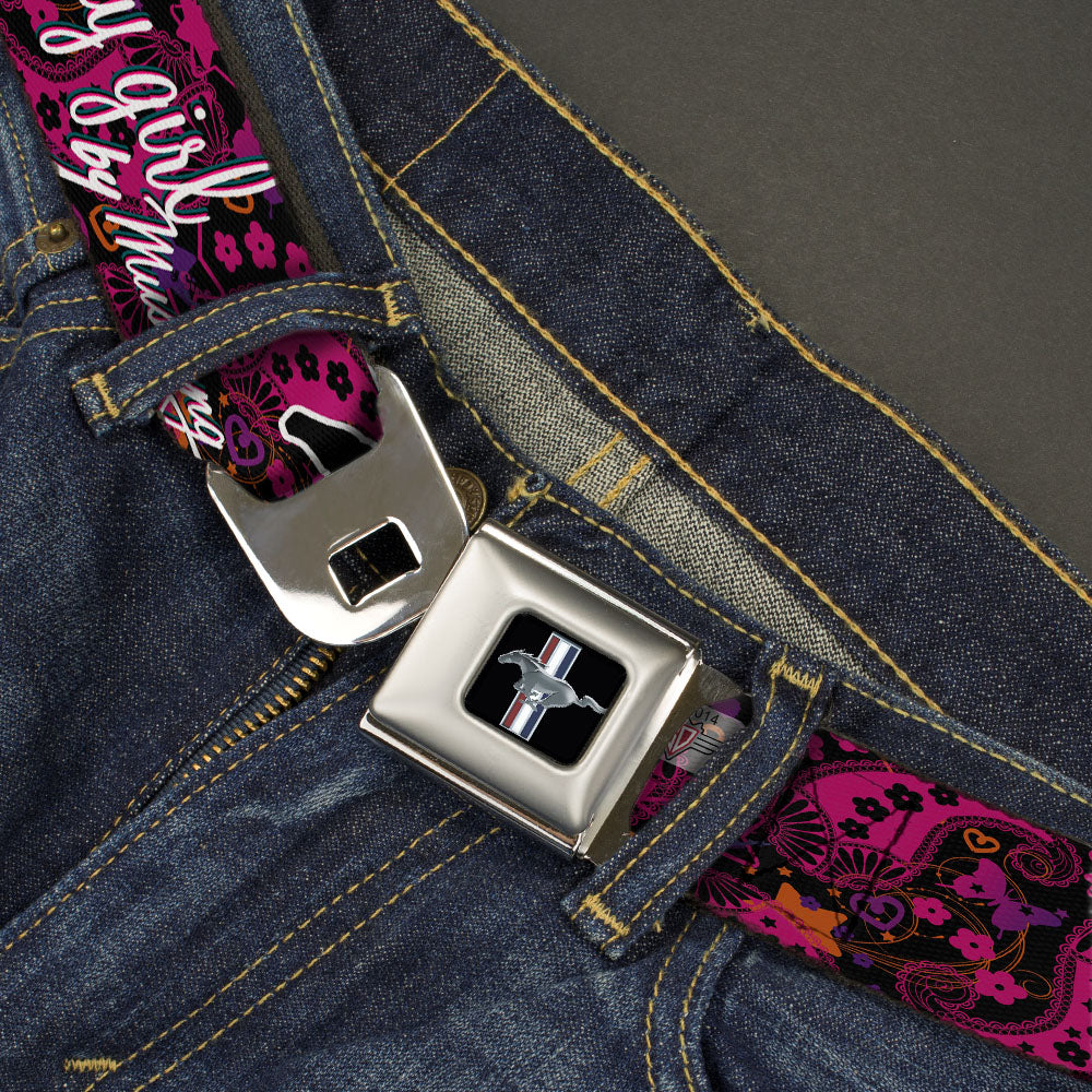 Ford Mustang Emblem Seatbelt Belt - Mustang PONY GIRL/Floral Collage Black/Pinks/White Webbing Seatbelt Belts Ford