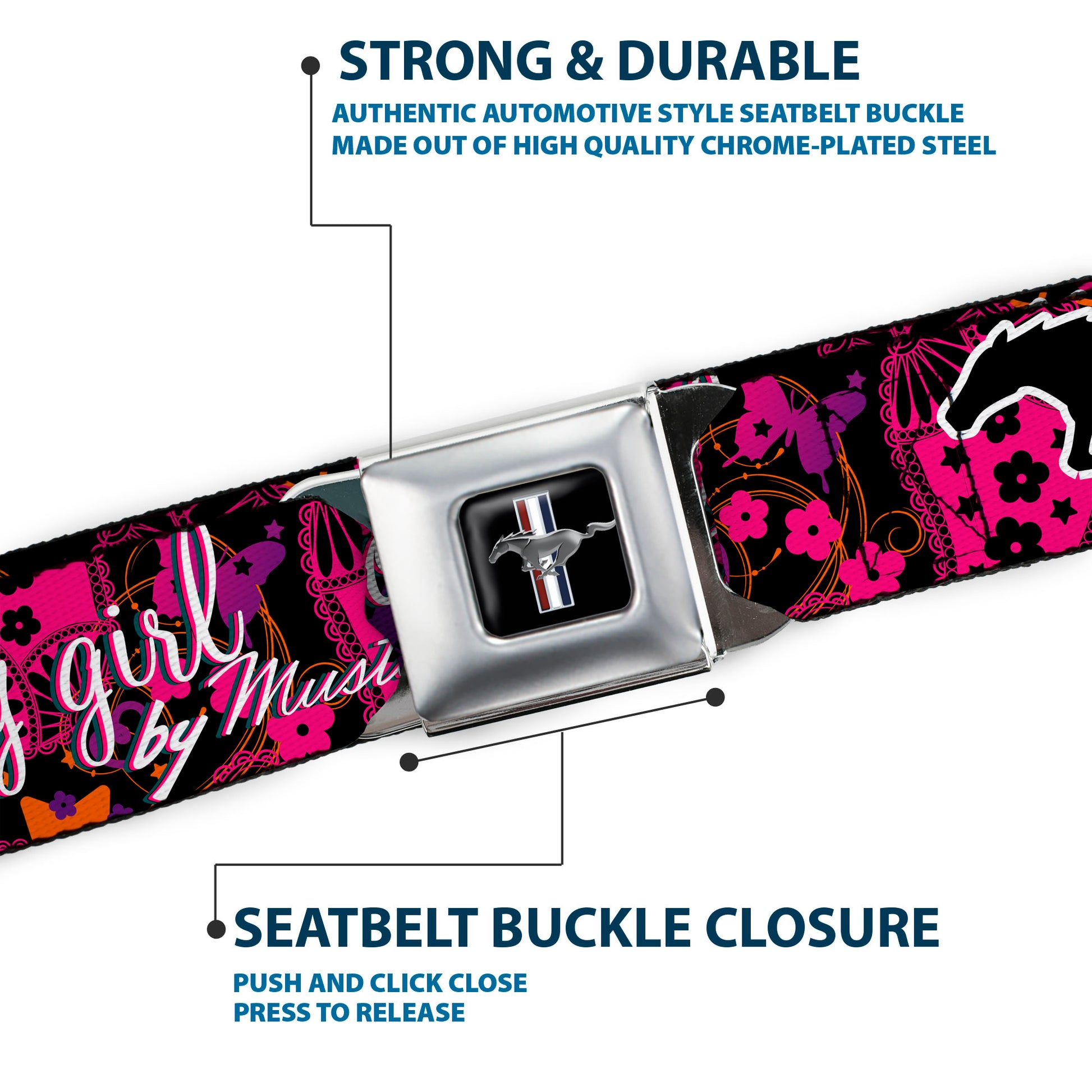 Ford Mustang Emblem Seatbelt Belt - Mustang PONY GIRL/Floral Collage Black/Pinks/White Webbing Seatbelt Belts Ford