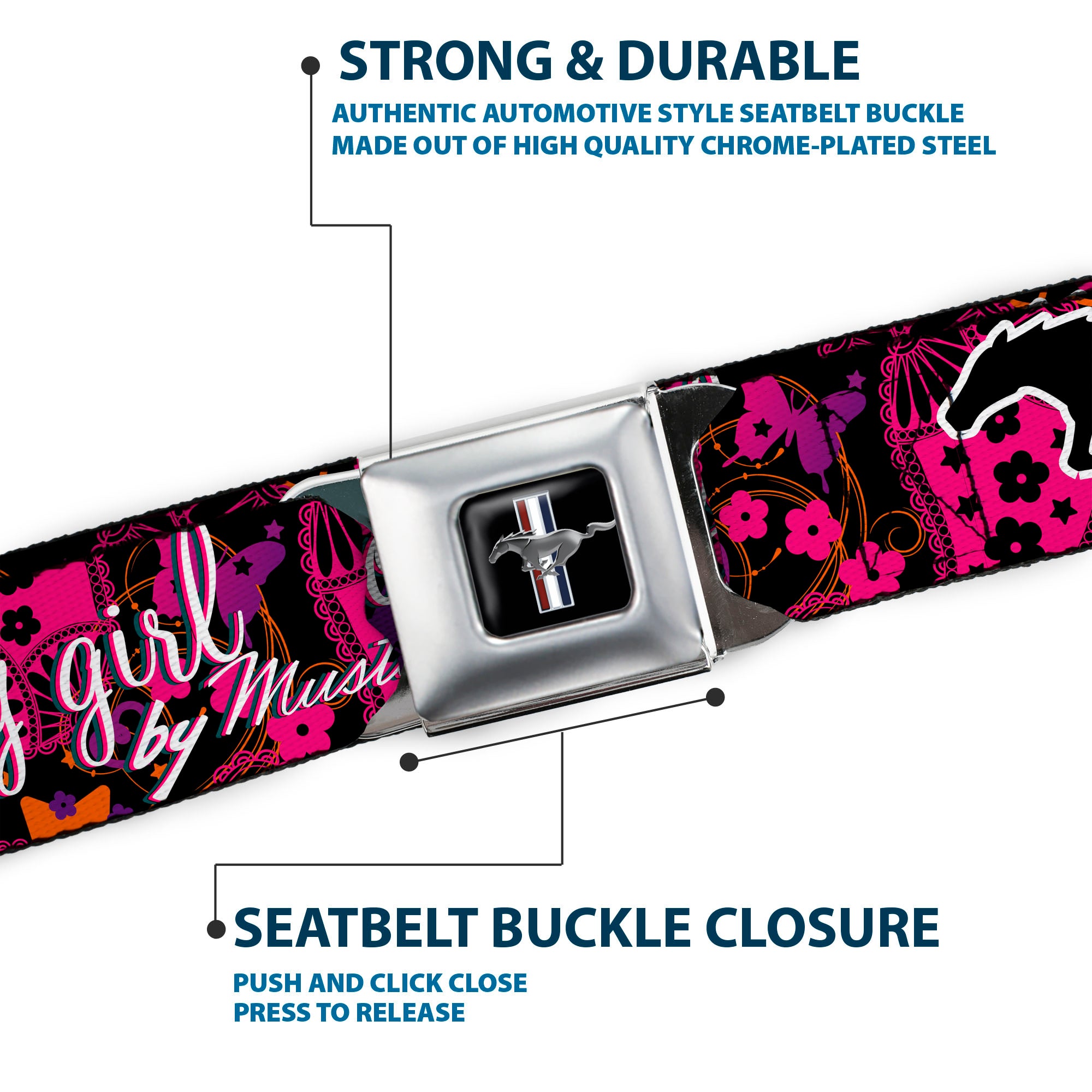 Ford Mustang Emblem Seatbelt Belt - Mustang PONY GIRL/Floral Collage Black/Pinks/White Webbing Seatbelt Belts Ford