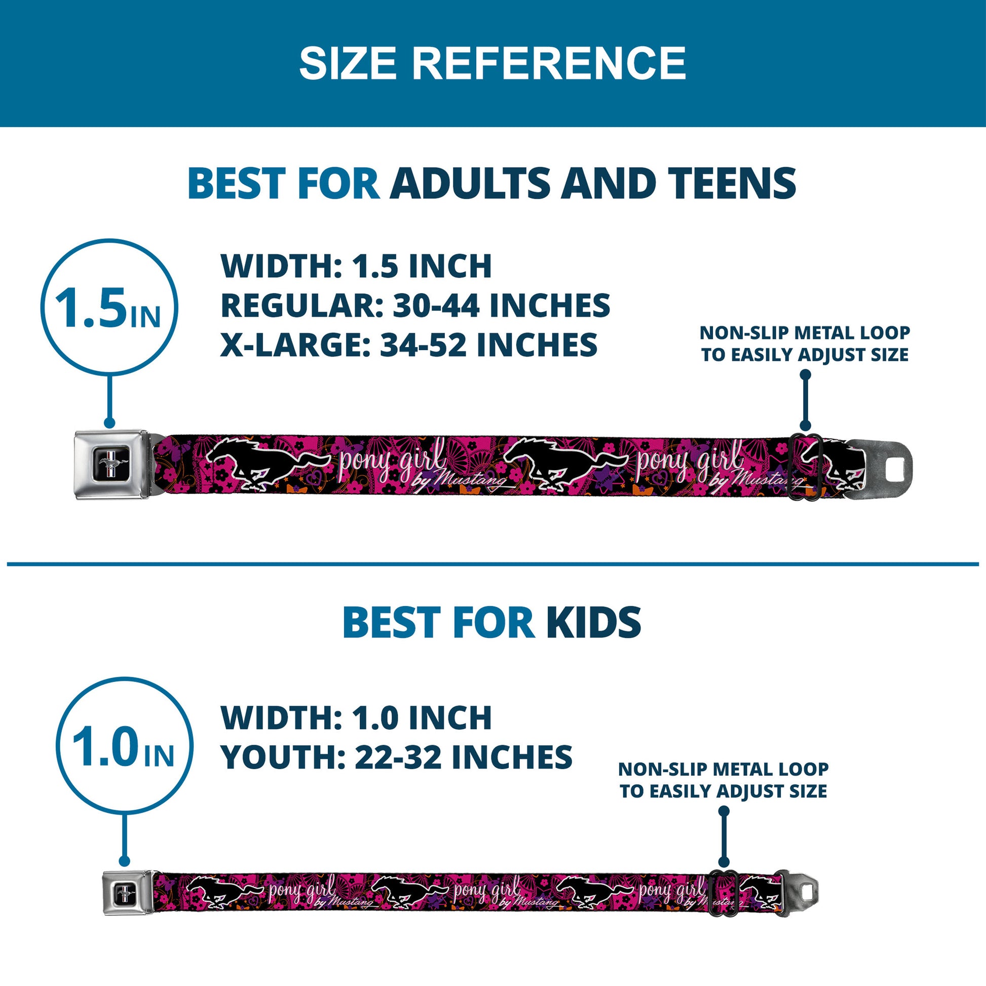 Ford Mustang Emblem Seatbelt Belt - Mustang PONY GIRL/Floral Collage Black/Pinks/White Webbing Seatbelt Belts Ford