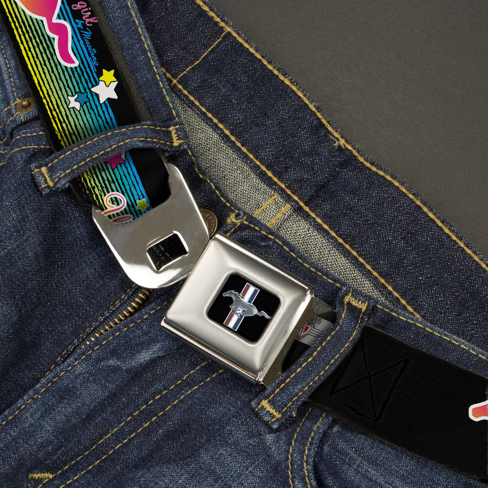 Ford Mustang Emblem Seatbelt Belt - Mustang PONY GIRL UNTAMED SPIRIT/Stars Black/Multi Color Webbing Seatbelt Belts Ford