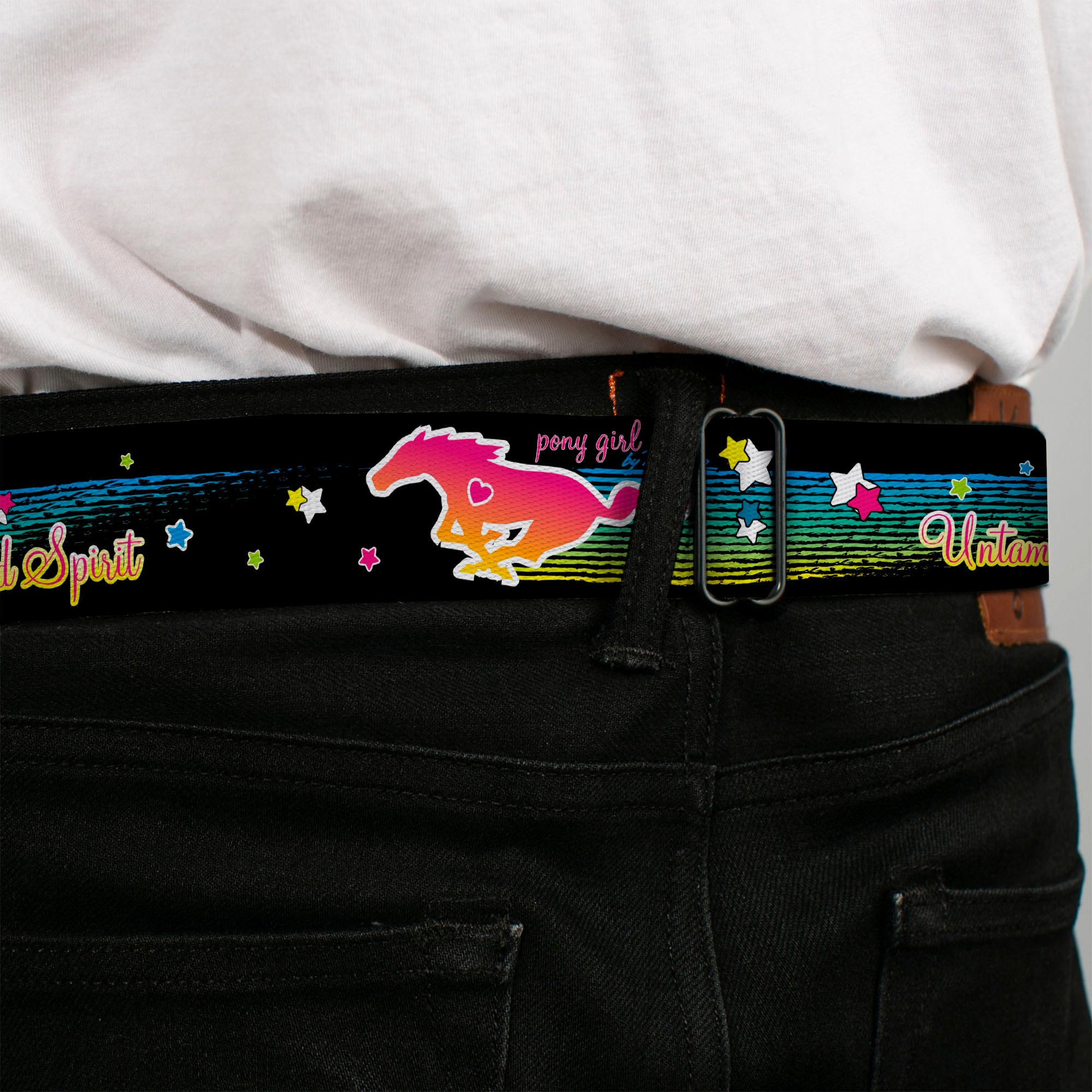 Ford Mustang Emblem Seatbelt Belt - Mustang PONY GIRL UNTAMED SPIRIT/Stars Black/Multi Color Webbing Seatbelt Belts Ford