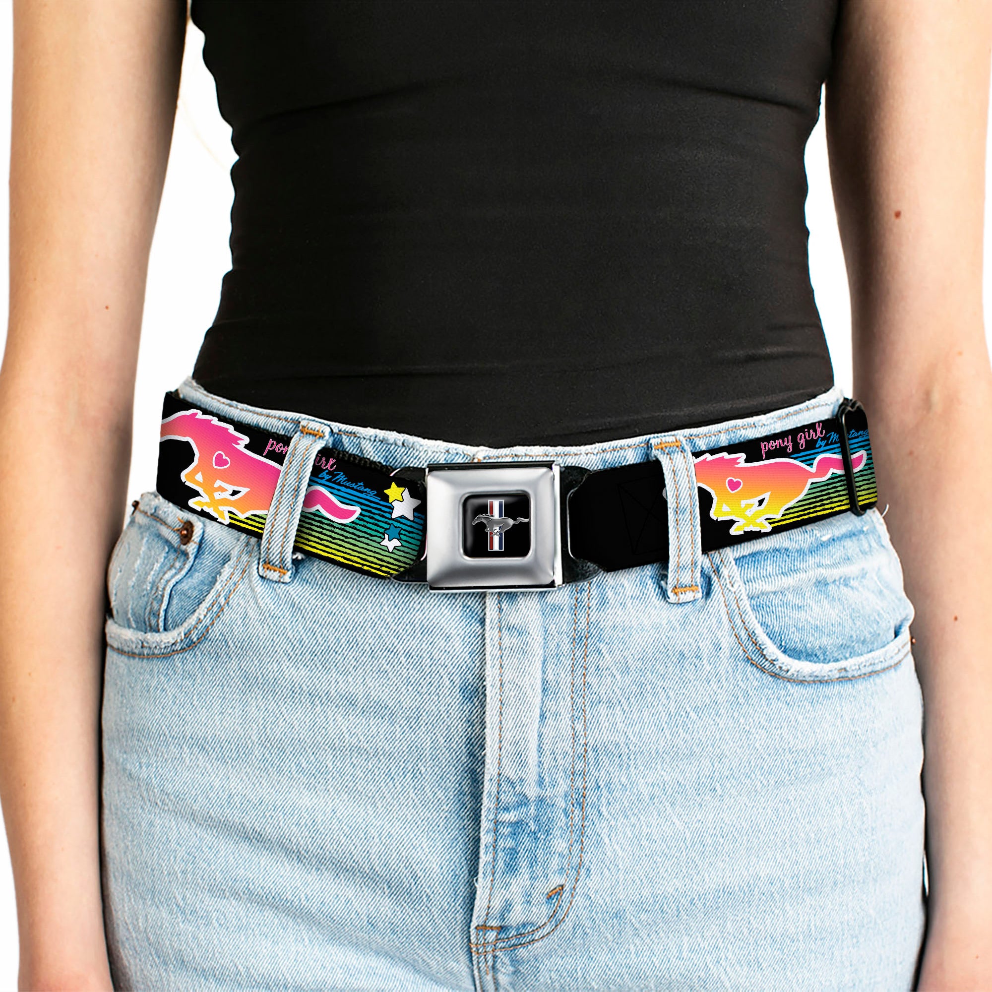 Ford Mustang Emblem Seatbelt Belt - Mustang PONY GIRL UNTAMED SPIRIT/Stars Black/Multi Color Webbing Seatbelt Belts Ford