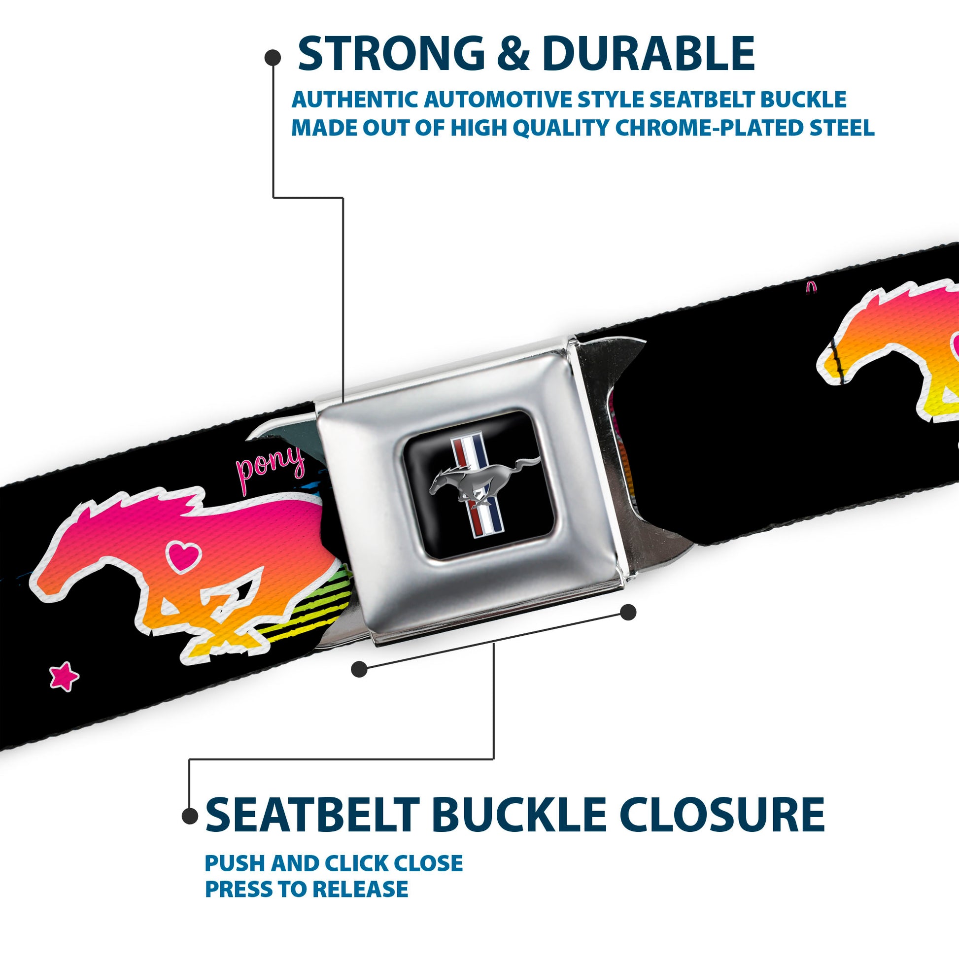 Ford Mustang Emblem Seatbelt Belt - Mustang PONY GIRL UNTAMED SPIRIT/Stars Black/Multi Color Webbing Seatbelt Belts Ford