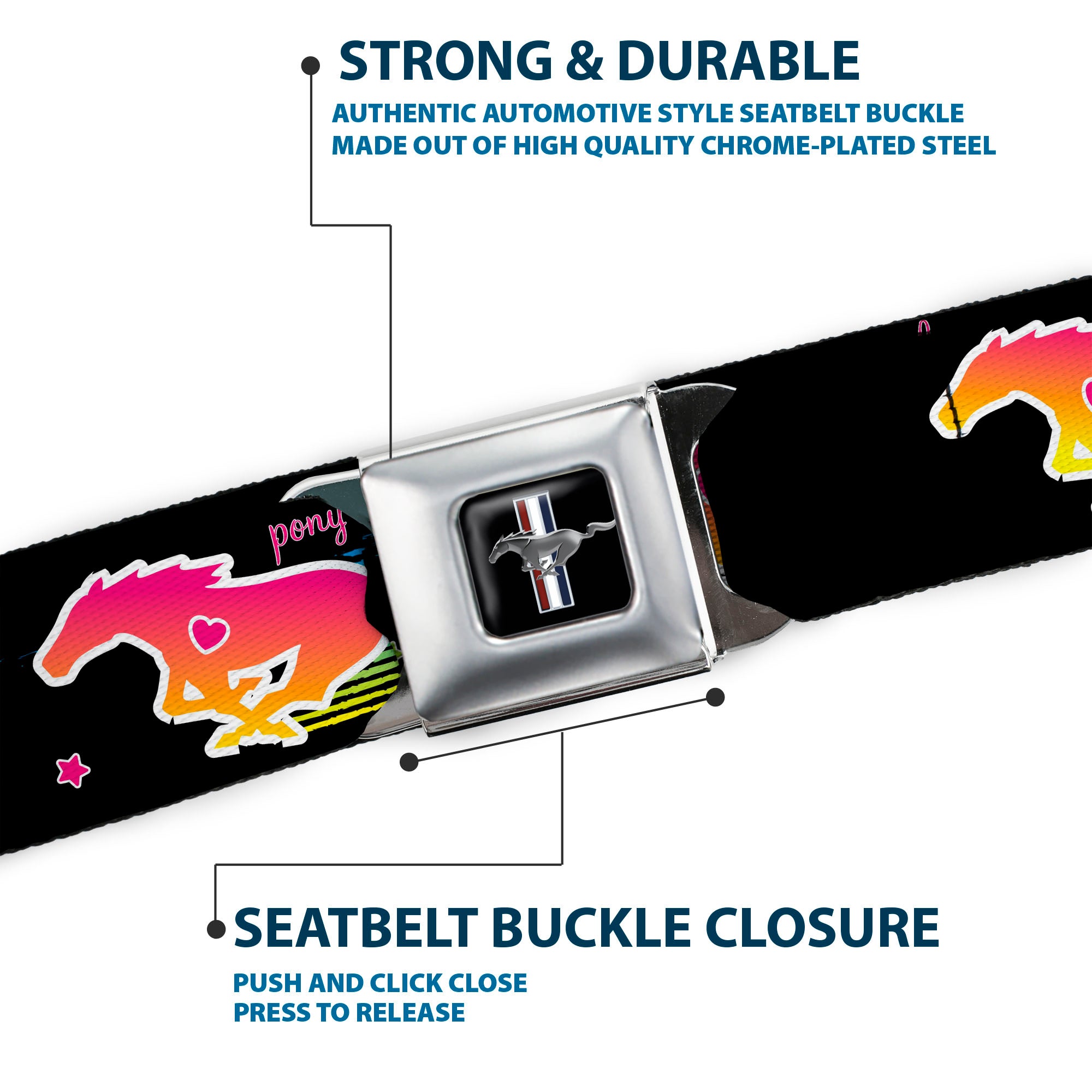 Ford Mustang Emblem Seatbelt Belt - Mustang PONY GIRL UNTAMED SPIRIT/Stars Black/Multi Color Webbing Seatbelt Belts Ford