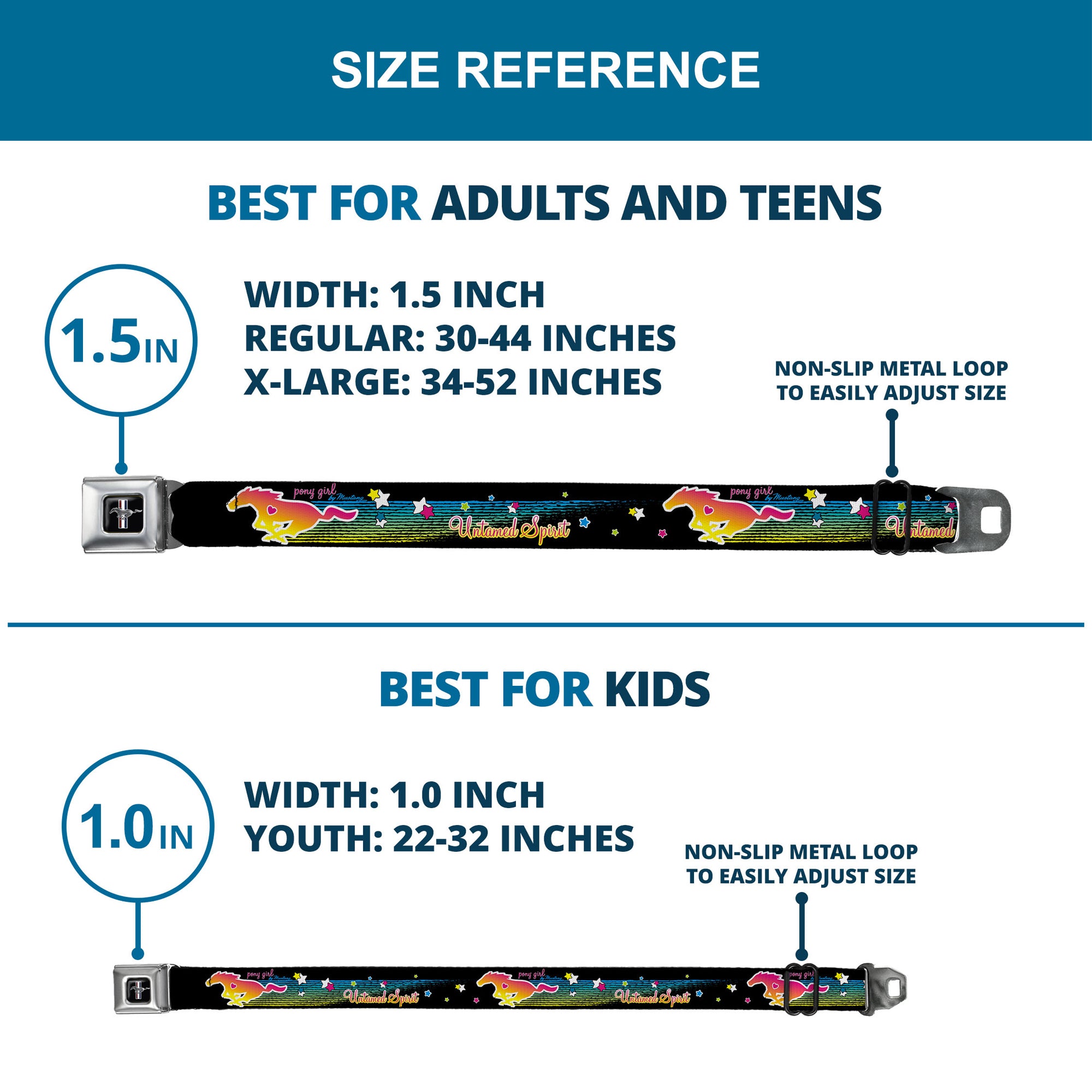 Ford Mustang Emblem Seatbelt Belt - Mustang PONY GIRL UNTAMED SPIRIT/Stars Black/Multi Color Webbing Seatbelt Belts Ford