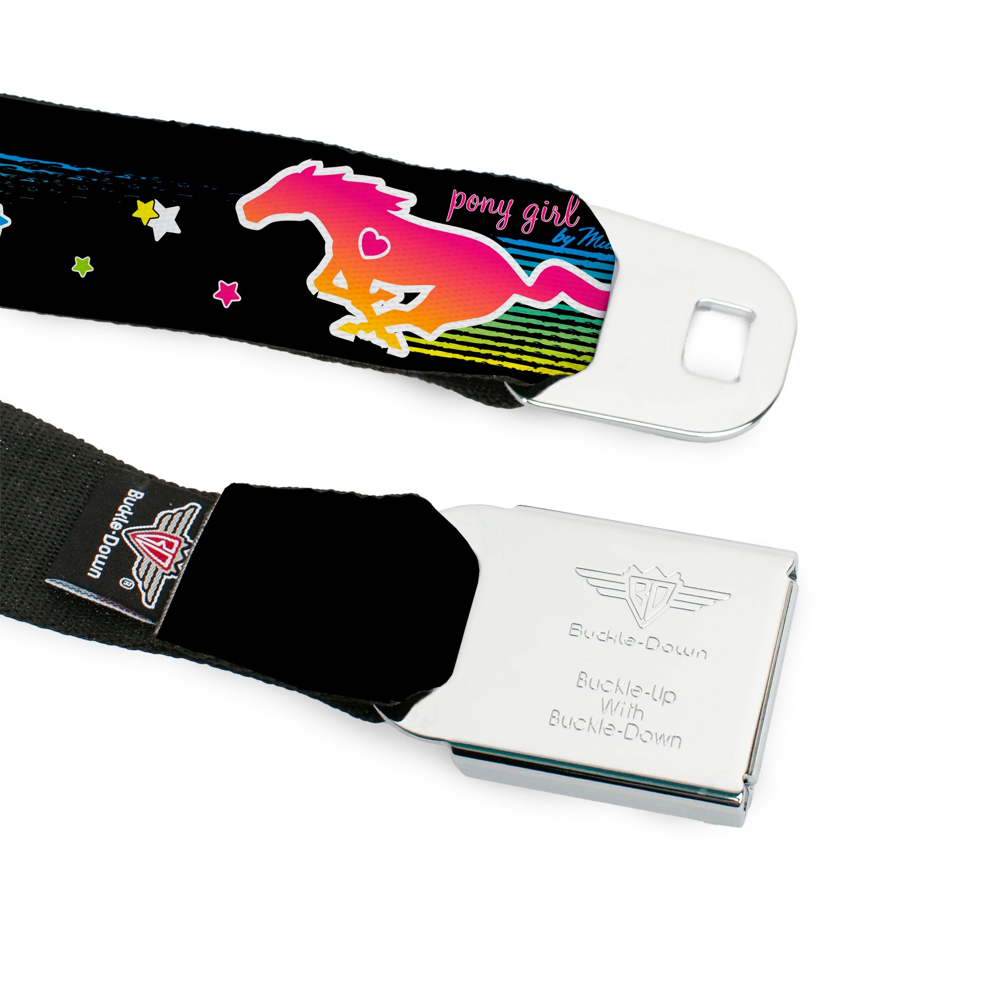 Ford Mustang Emblem Seatbelt Belt - Mustang PONY GIRL UNTAMED SPIRIT/Stars Black/Multi Color Webbing Seatbelt Belts Ford