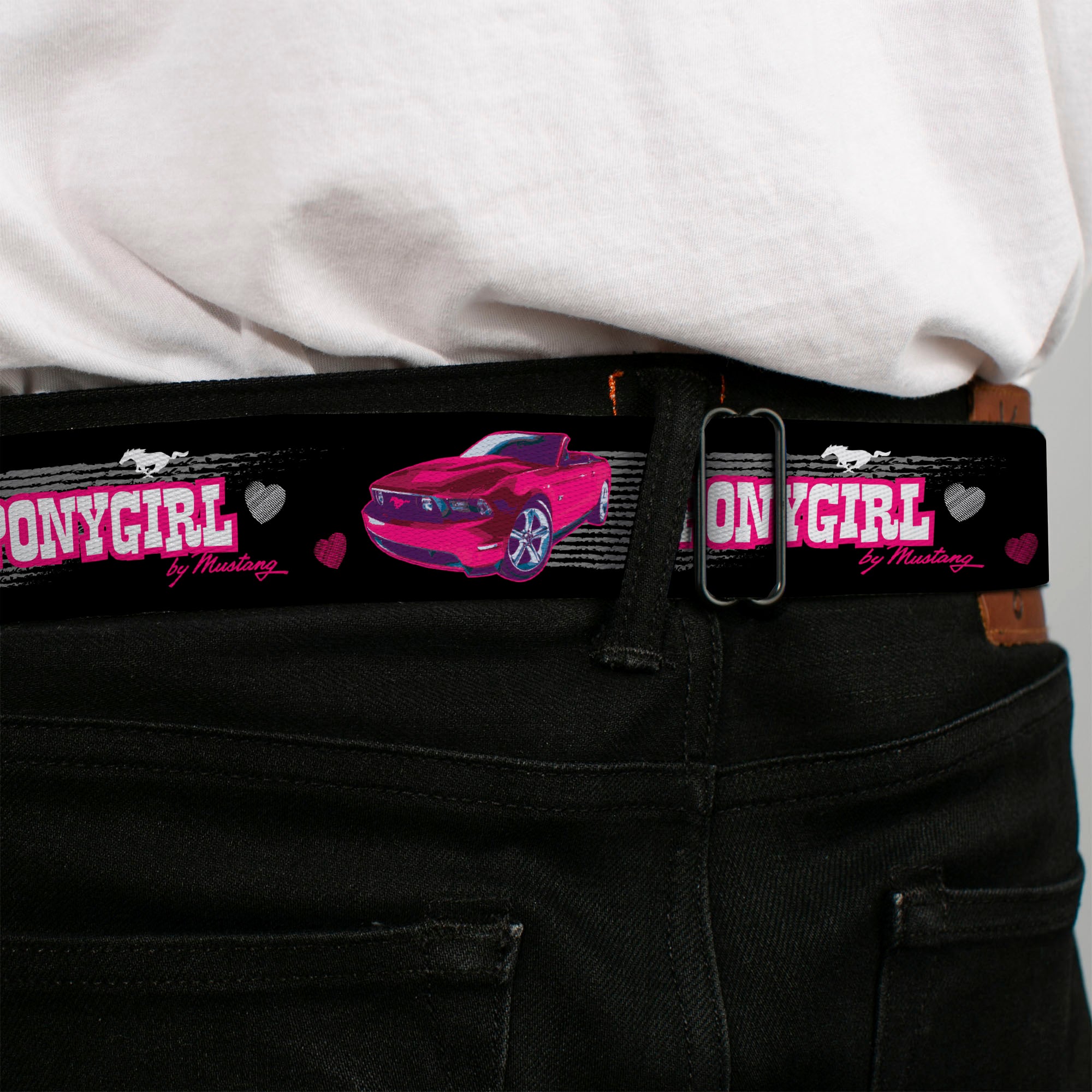 Ford Mustang Emblem Seatbelt Belt - Mustang PONY GIRL/Tire Tread Black/Gray/Fuchsias Webbing Seatbelt Belts Ford