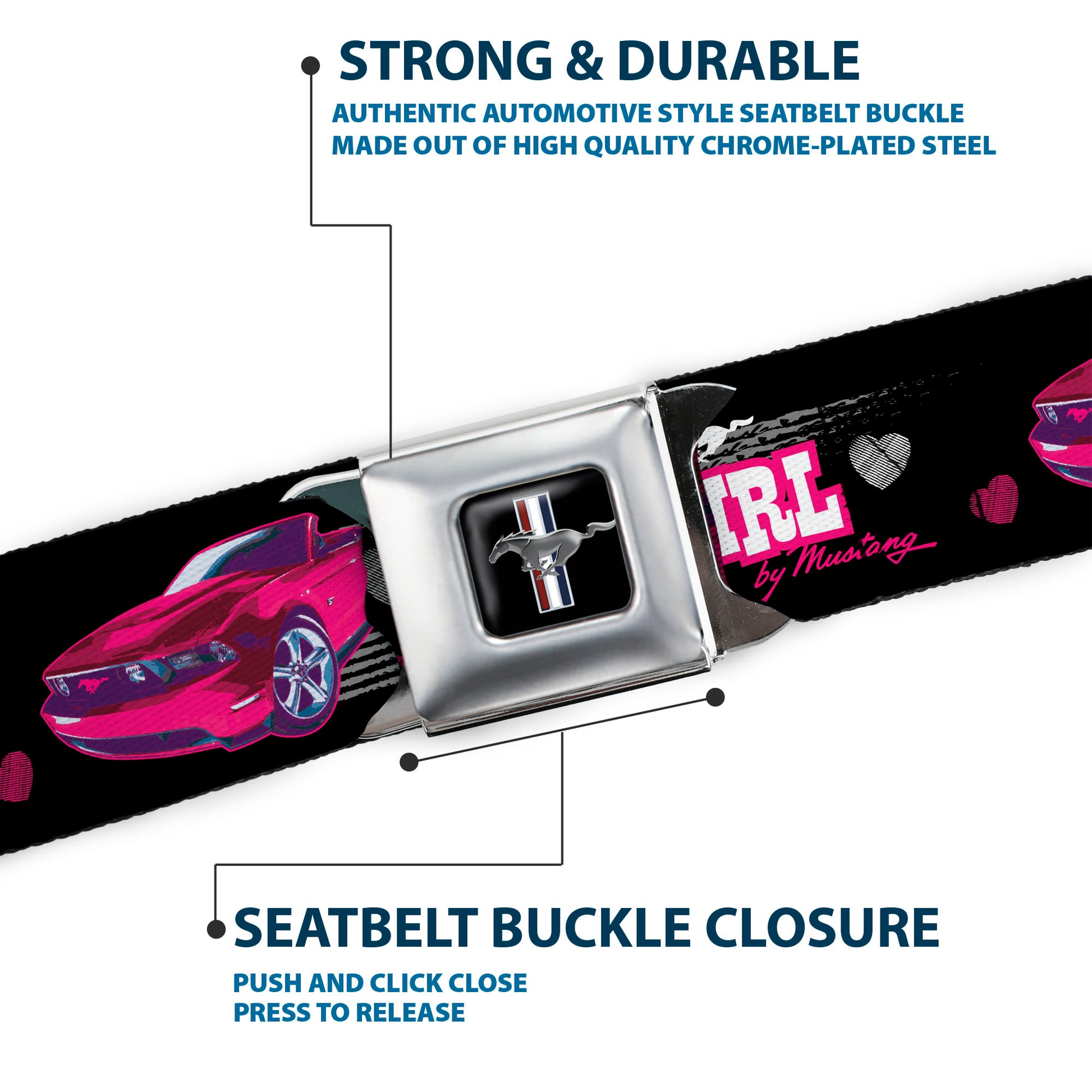 Ford Mustang Emblem Seatbelt Belt - Mustang PONY GIRL/Tire Tread Black/Gray/Fuchsias Webbing Seatbelt Belts Ford