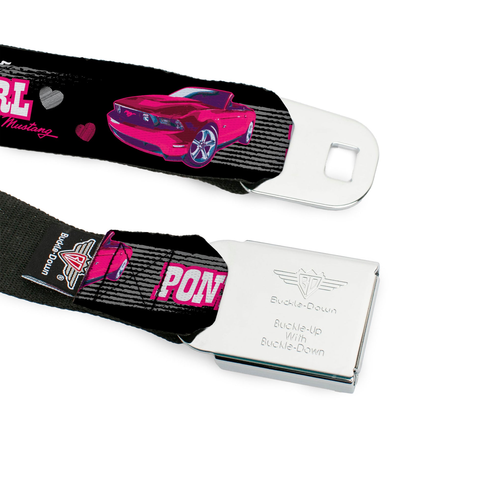 Ford Mustang Emblem Seatbelt Belt - Mustang PONY GIRL/Tire Tread Black/Gray/Fuchsias Webbing Seatbelt Belts Ford