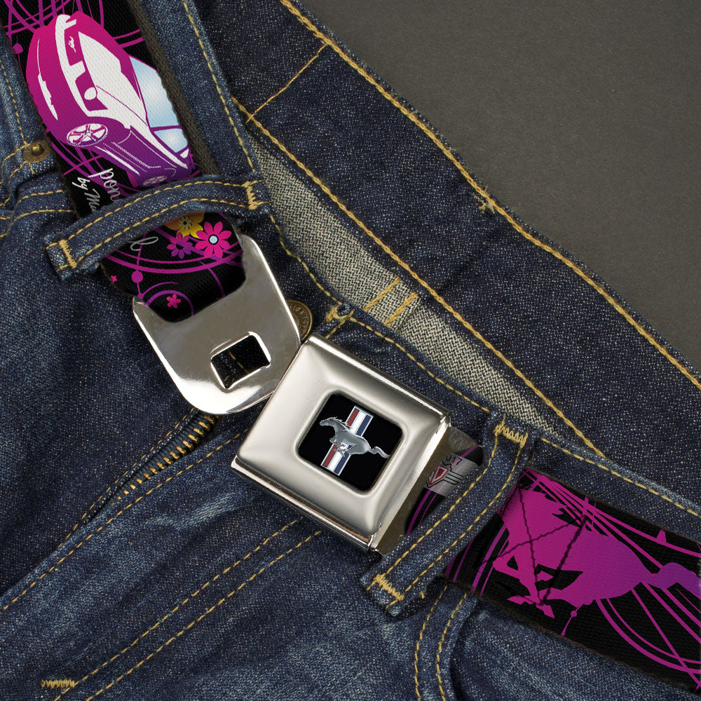 Ford Mustang Emblem Seatbelt Belt - Mustang Silhouette/PONY GIRL/Flowers Black/Fuchsias Webbing Seatbelt Belts Ford