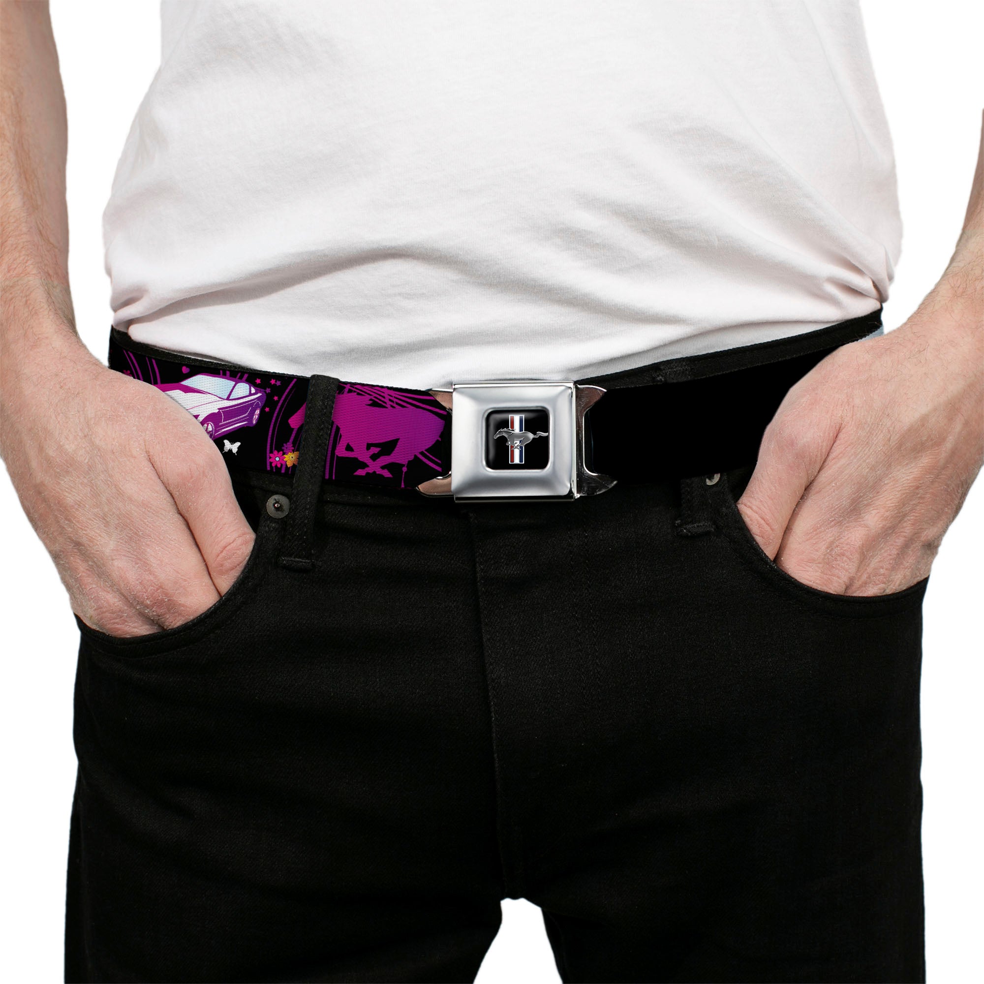 Ford Mustang Emblem Seatbelt Belt - Mustang Silhouette/PONY GIRL/Flowers Black/Fuchsias Webbing Seatbelt Belts Ford
