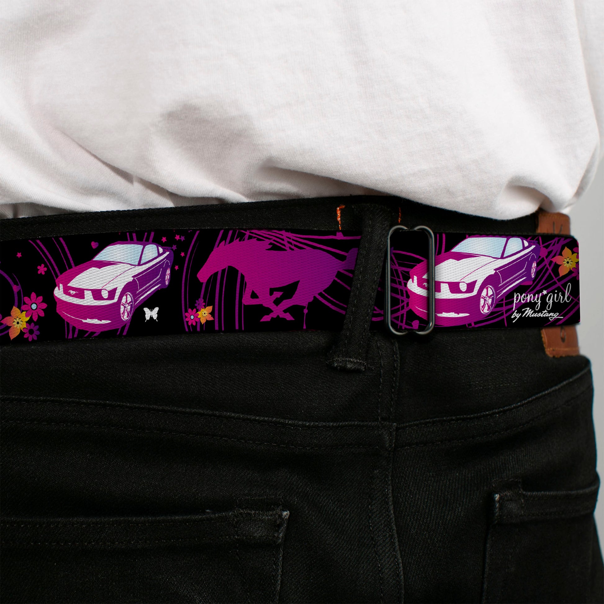 Ford Mustang Emblem Seatbelt Belt - Mustang Silhouette/PONY GIRL/Flowers Black/Fuchsias Webbing Seatbelt Belts Ford