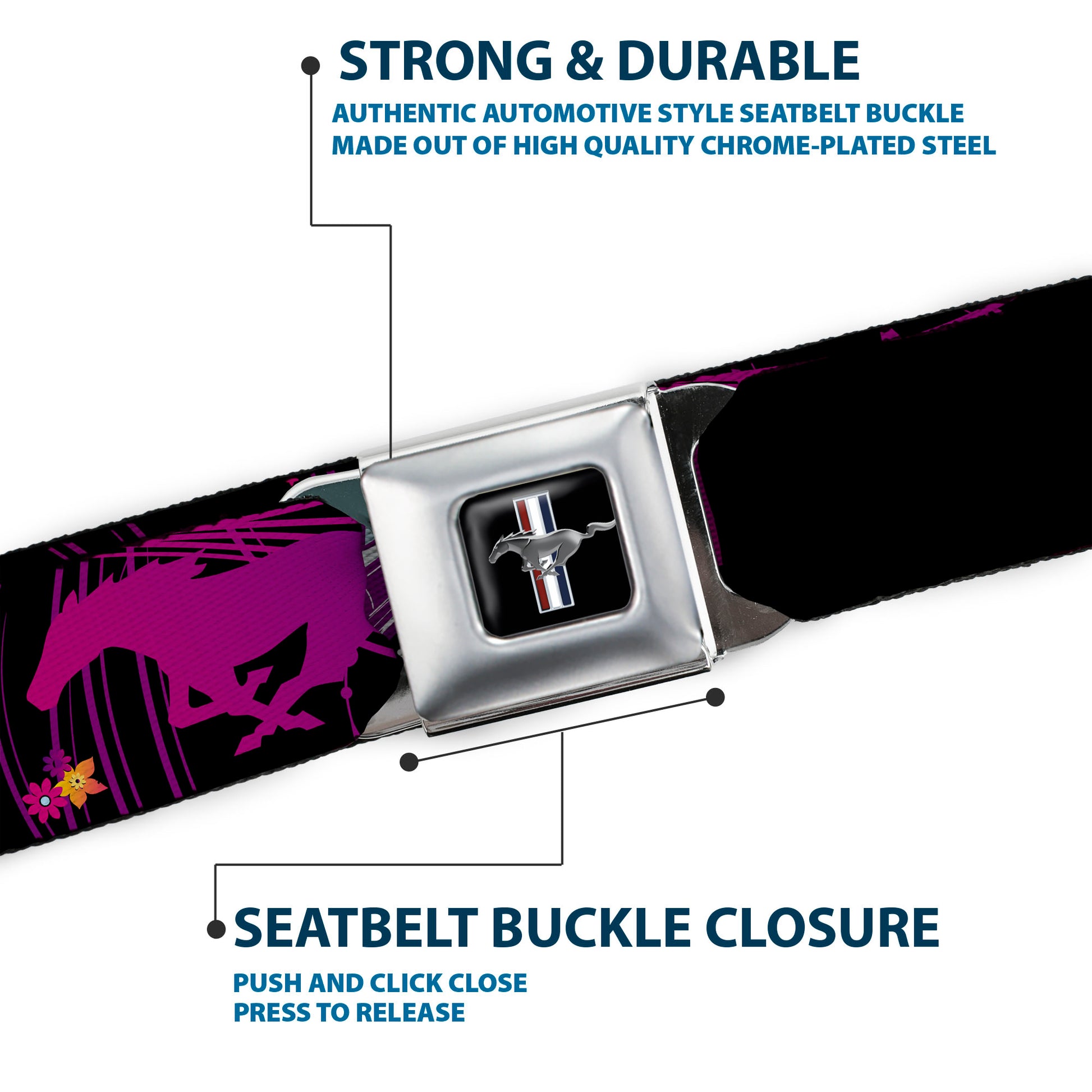 Ford Mustang Emblem Seatbelt Belt - Mustang Silhouette/PONY GIRL/Flowers Black/Fuchsias Webbing Seatbelt Belts Ford