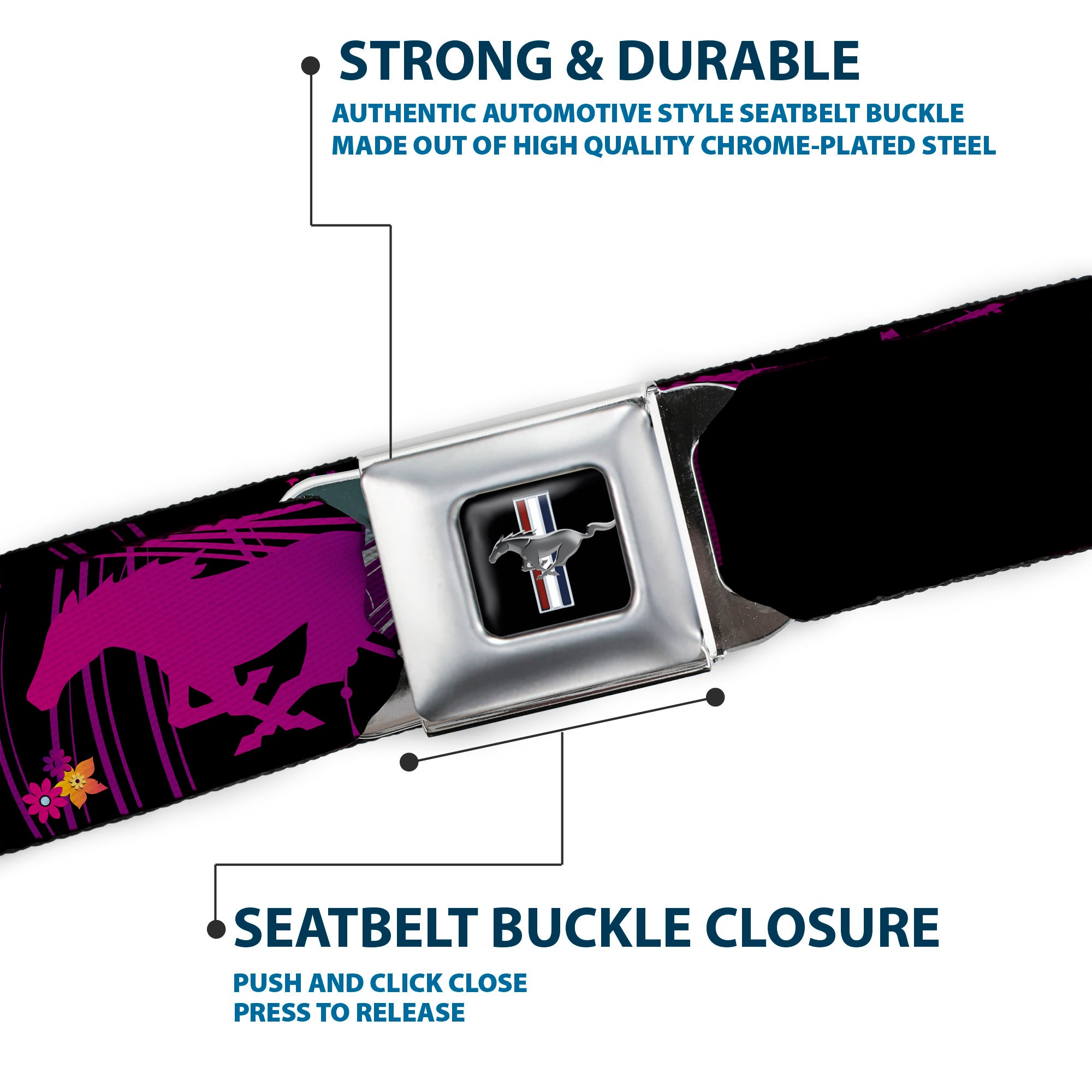 Ford Mustang Emblem Seatbelt Belt - Mustang Silhouette/PONY GIRL/Flowers Black/Fuchsias Webbing Seatbelt Belts Ford