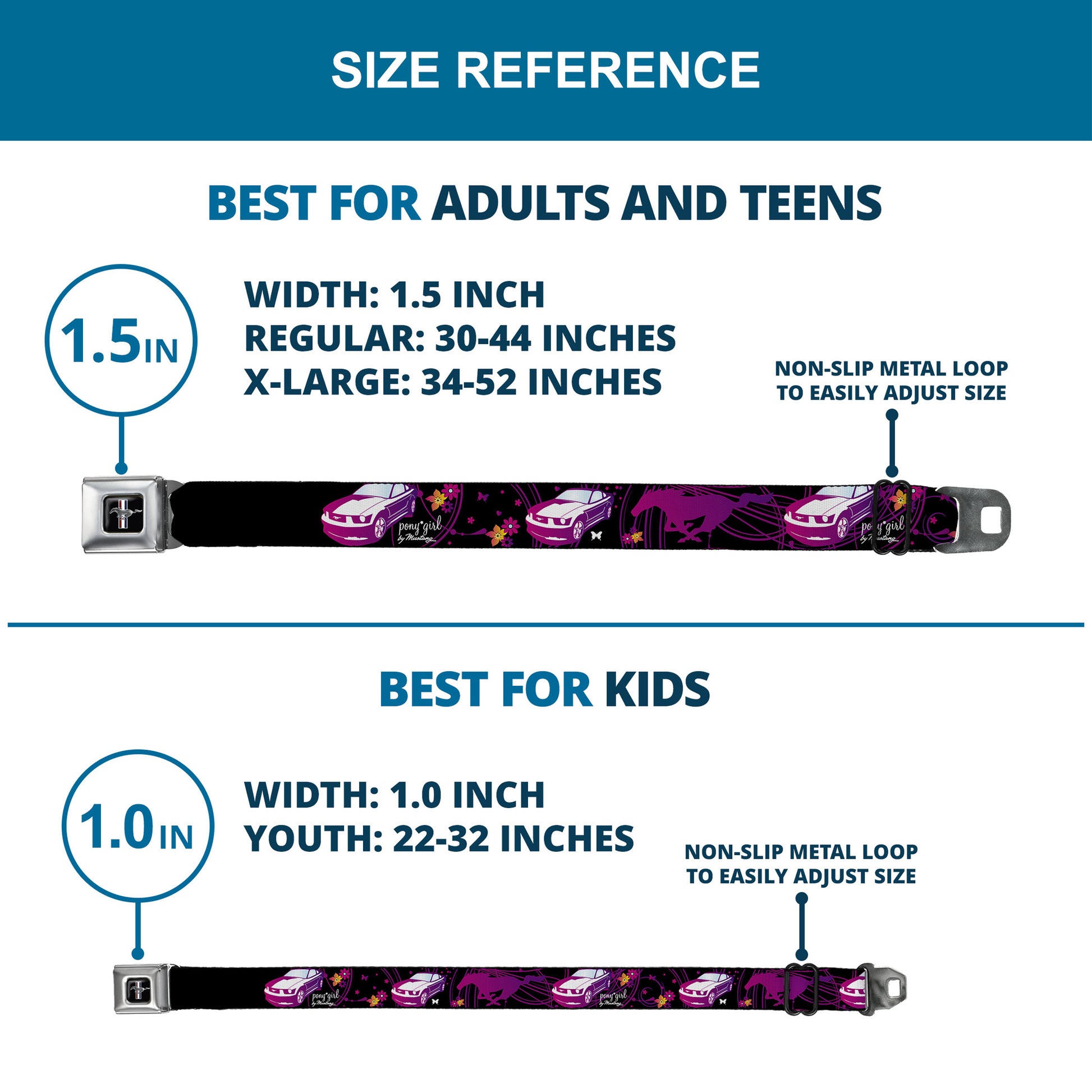 Ford Mustang Emblem Seatbelt Belt - Mustang Silhouette/PONY GIRL/Flowers Black/Fuchsias Webbing Seatbelt Belts Ford