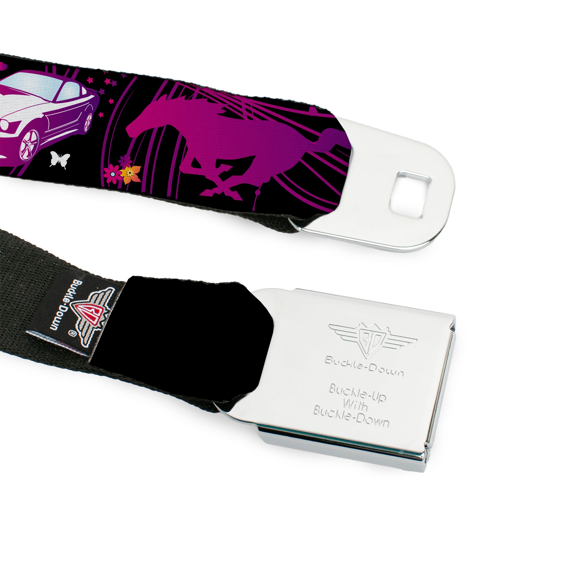 Ford Mustang Emblem Seatbelt Belt - Mustang Silhouette/PONY GIRL/Flowers Black/Fuchsias Webbing Seatbelt Belts Ford
