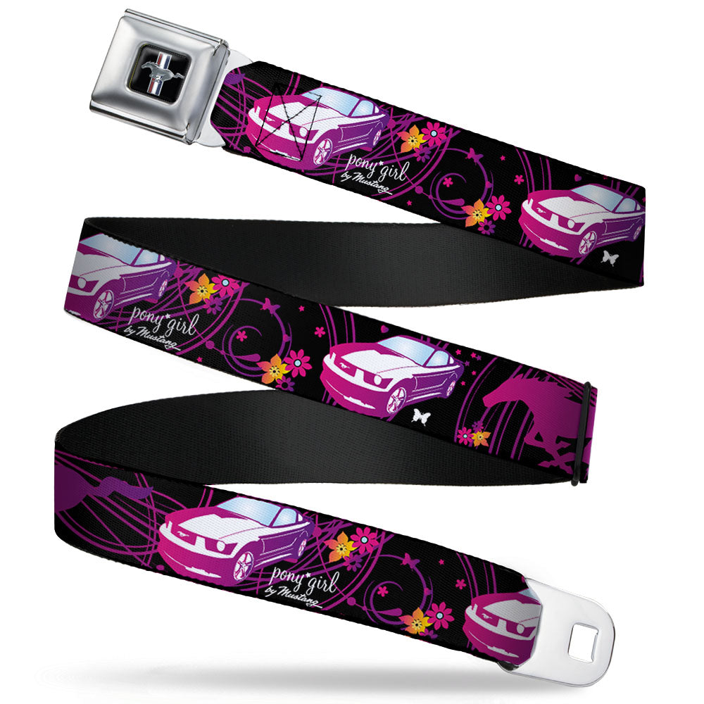 Ford Mustang Emblem Seatbelt Belt - Mustang Silhouette/PONY GIRL/Flowers Black/Fuchsias Webbing Seatbelt Belts Ford