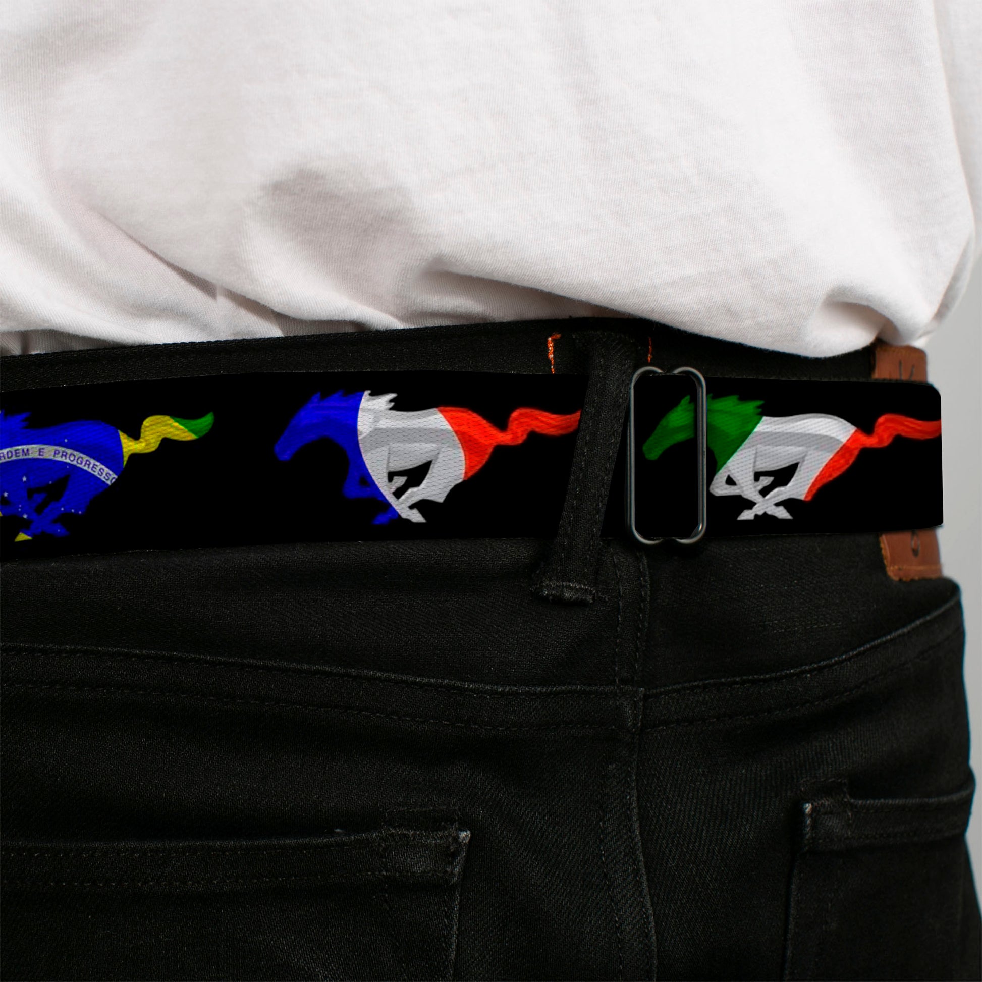 Ford Mustang Emblem Seatbelt Belt - Mustang Silhouette Black/International Flags Webbing Seatbelt Belts Ford