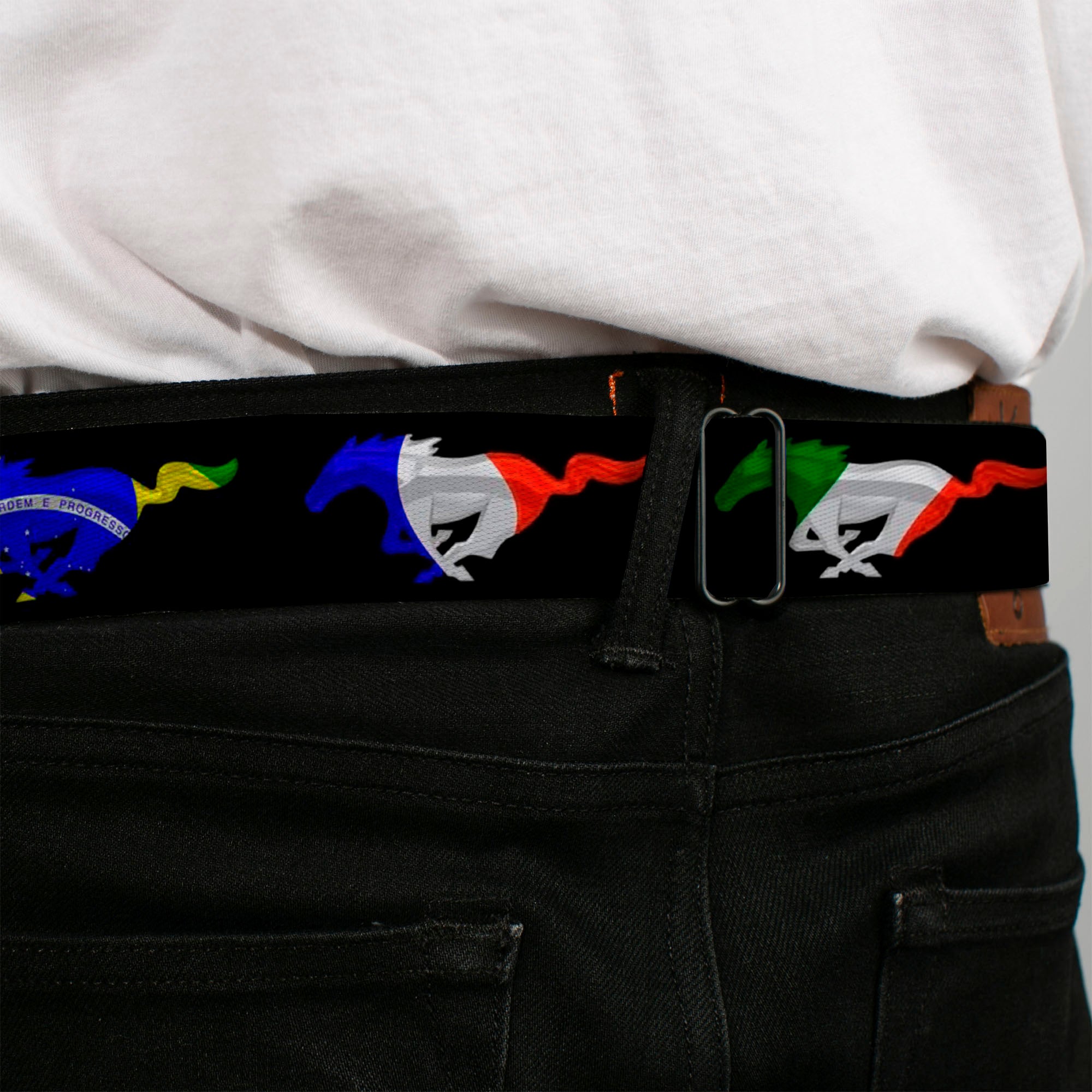 Ford Mustang Emblem Seatbelt Belt - Mustang Silhouette Black/International Flags Webbing Seatbelt Belts Ford