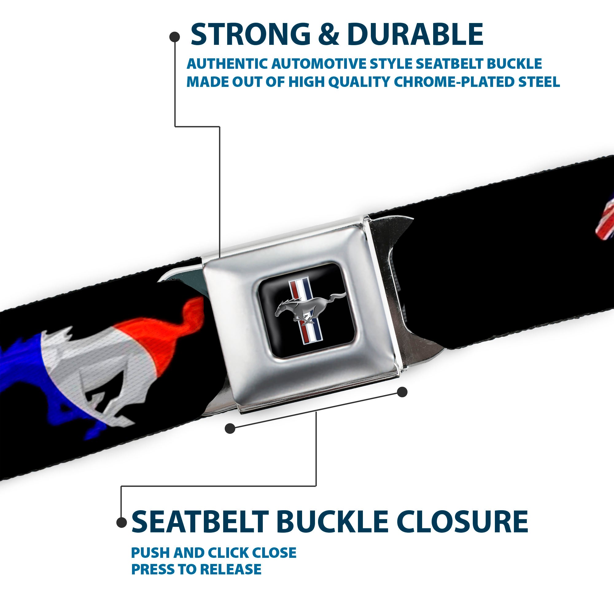 Ford Mustang Emblem Seatbelt Belt - Mustang Silhouette Black/International Flags Webbing Seatbelt Belts Ford