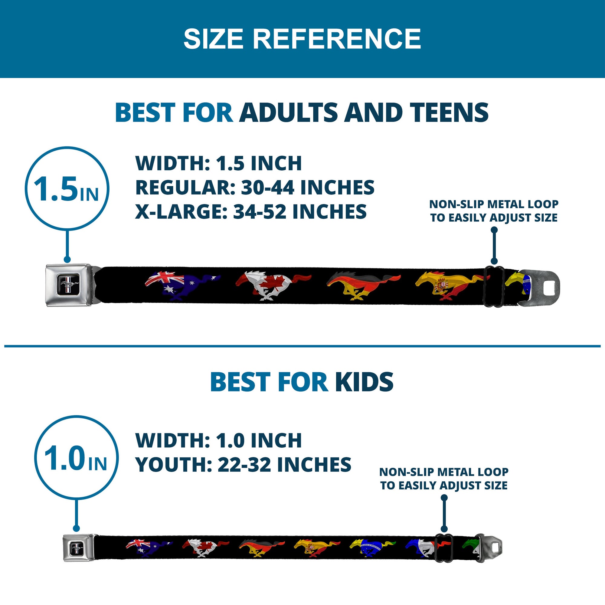 Ford Mustang Emblem Seatbelt Belt - Mustang Silhouette Black/International Flags Webbing Seatbelt Belts Ford