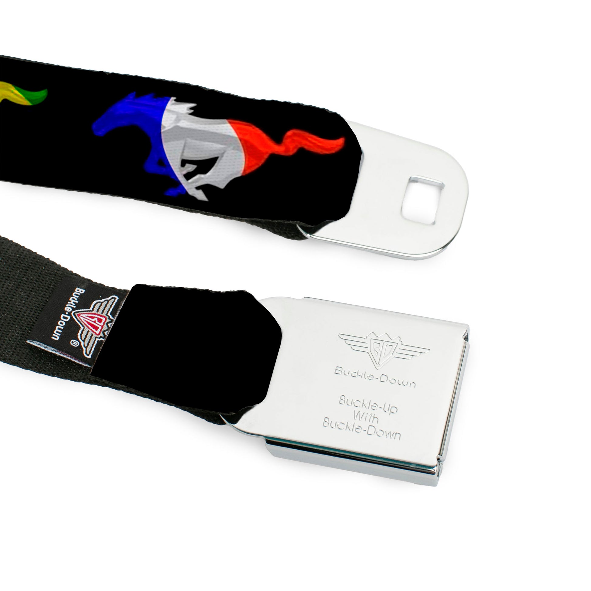 Ford Mustang Emblem Seatbelt Belt - Mustang Silhouette Black/International Flags Webbing Seatbelt Belts Ford