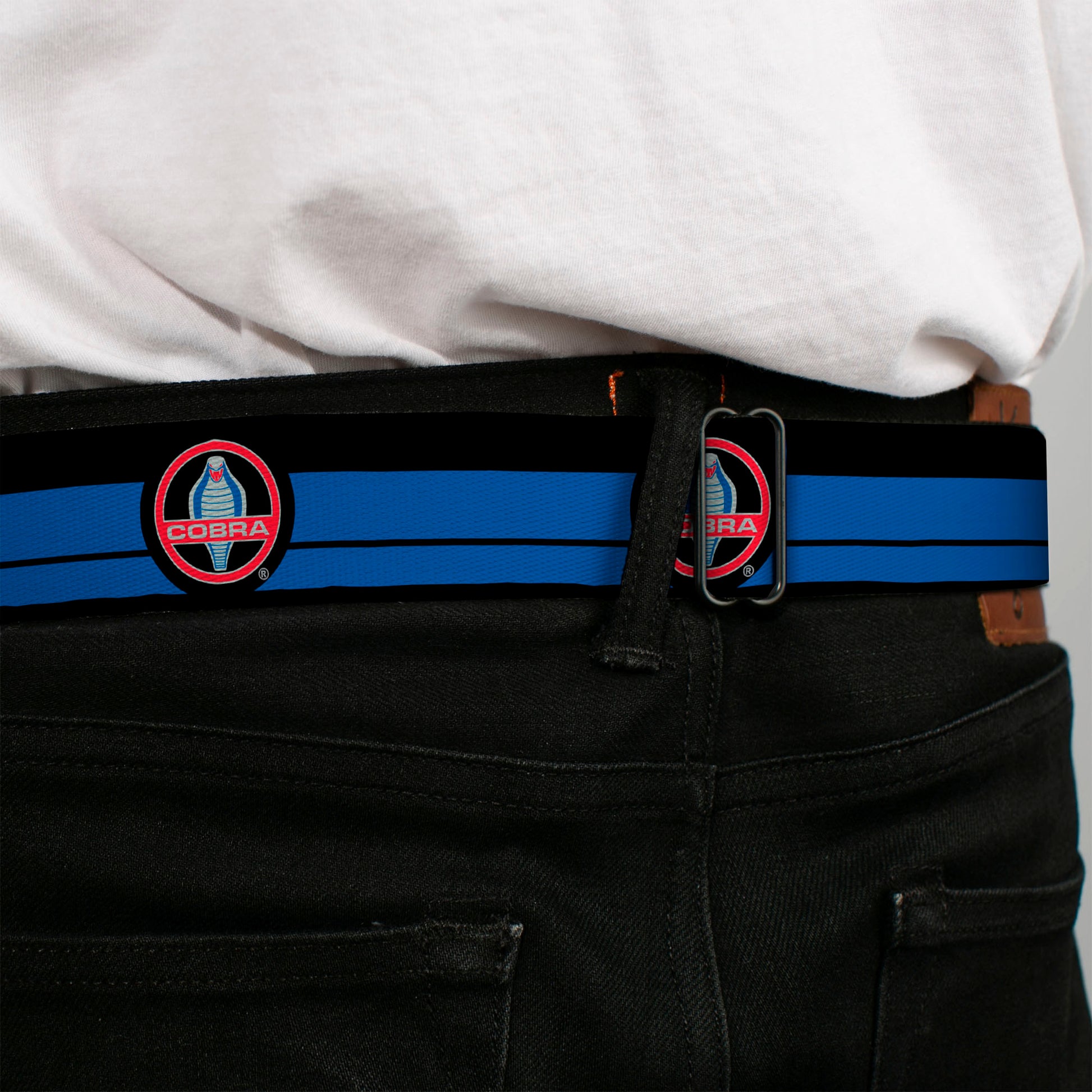 Classic Mustang COBRA Logo Full Color Black Gray Red Gray Seatbelt Belt - Classic Mustang COBRA Logo/Stripe Black/Blue/Red/Gray Webbing Seatbelt Belts Ford