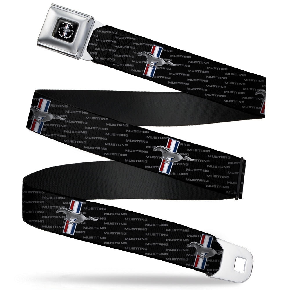 FORD MUSTANG Tri-Bar Logo Full Color Black White Silver Red Blue Seatbelt Belt - Ford Mustang w/Bars REPEAT w/Text Webbing Seatbelt Belts Ford