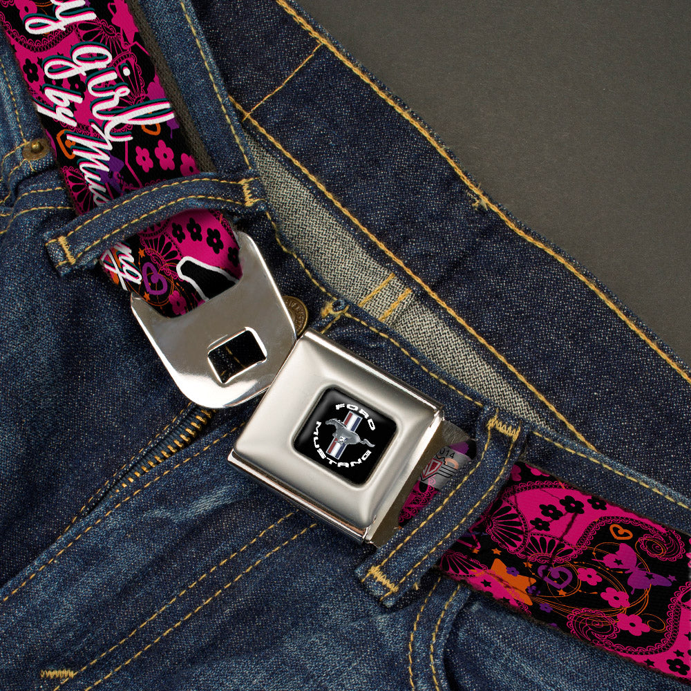 FORD MUSTANG Tri-Bar Logo Full Color Black White Silver Red Blue Seatbelt Belt - Mustang PONY GIRL/Floral Collage Black/Pinks/White Webbing Seatbelt Belts Ford