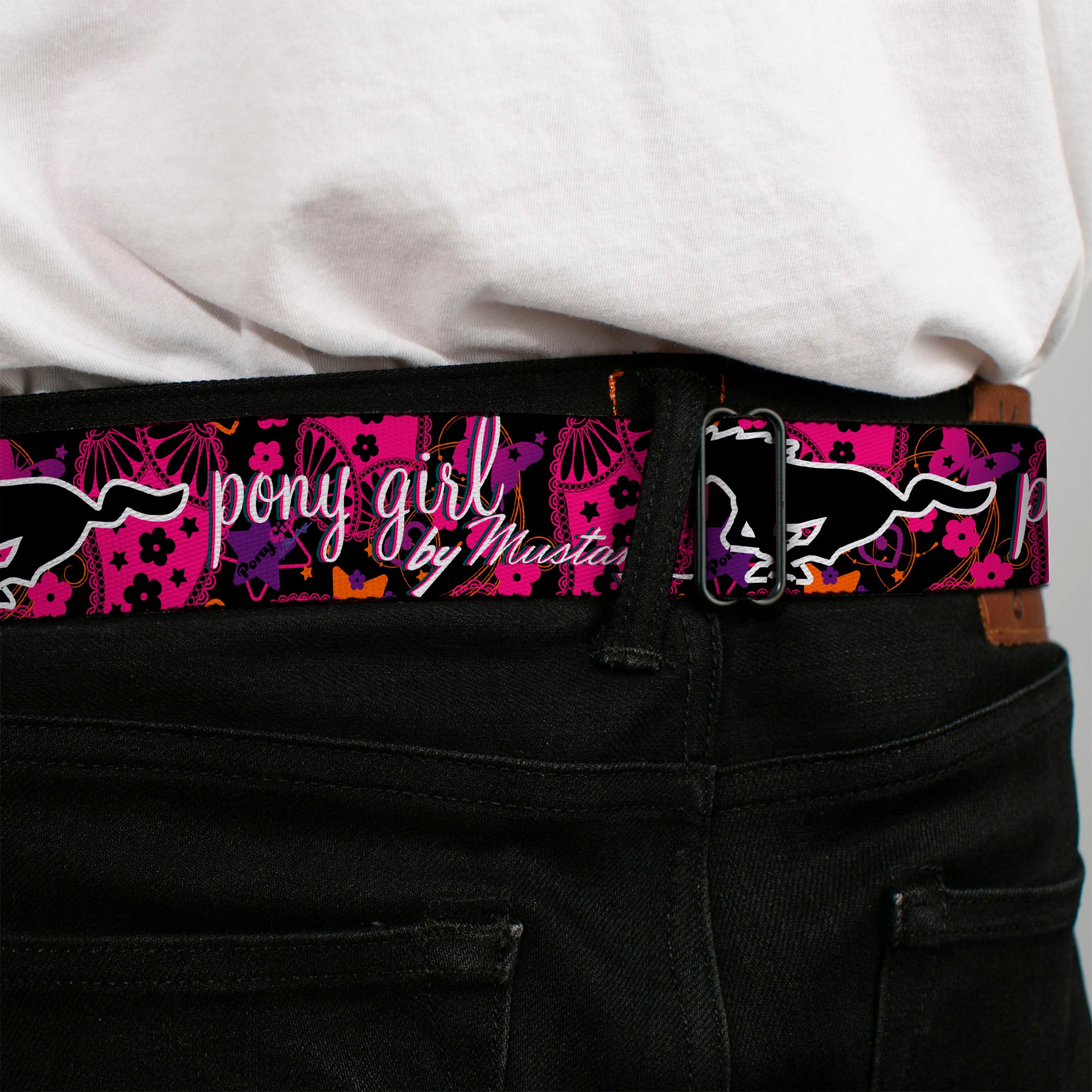 FORD MUSTANG Tri-Bar Logo Full Color Black White Silver Red Blue Seatbelt Belt - Mustang PONY GIRL/Floral Collage Black/Pinks/White Webbing Seatbelt Belts Ford
