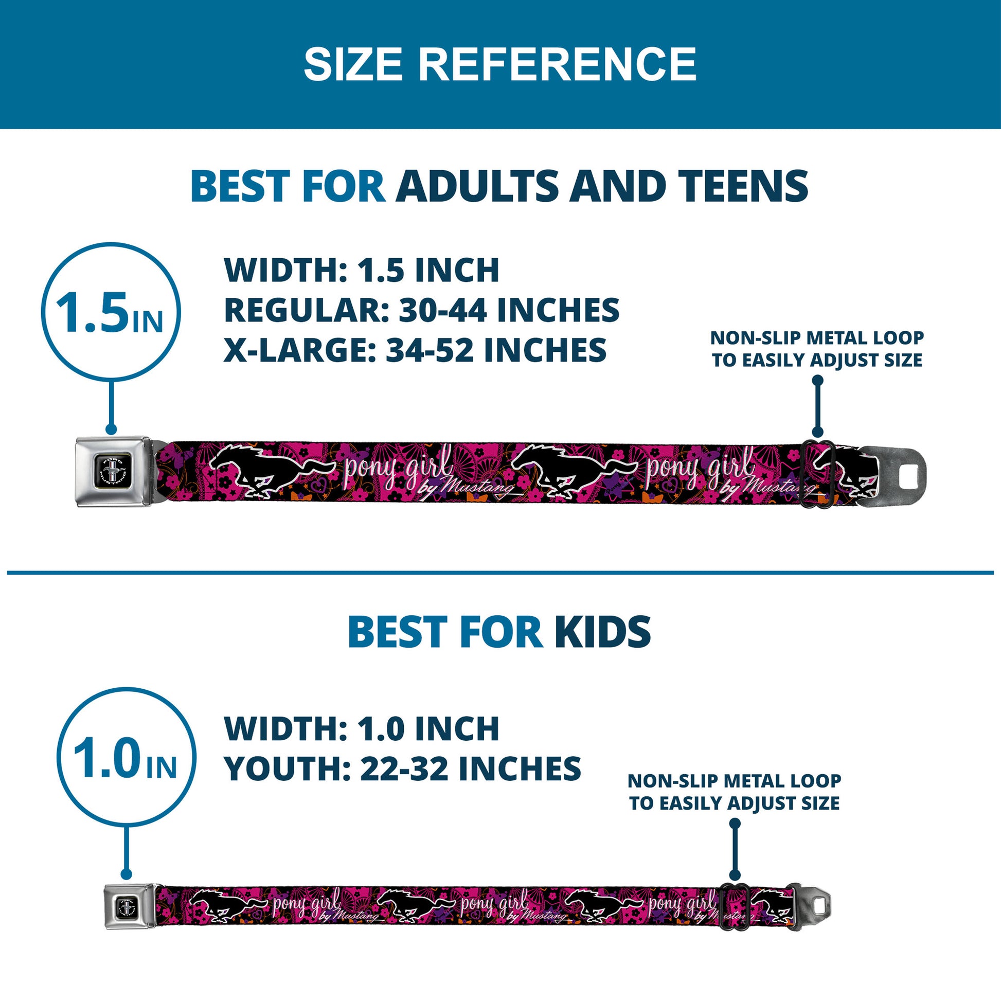 FORD MUSTANG Tri-Bar Logo Full Color Black White Silver Red Blue Seatbelt Belt - Mustang PONY GIRL/Floral Collage Black/Pinks/White Webbing Seatbelt Belts Ford