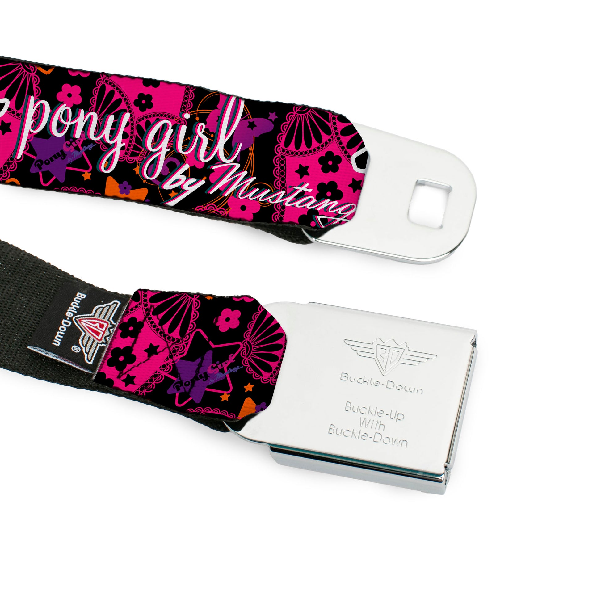 FORD MUSTANG Tri-Bar Logo Full Color Black White Silver Red Blue Seatbelt Belt - Mustang PONY GIRL/Floral Collage Black/Pinks/White Webbing Seatbelt Belts Ford