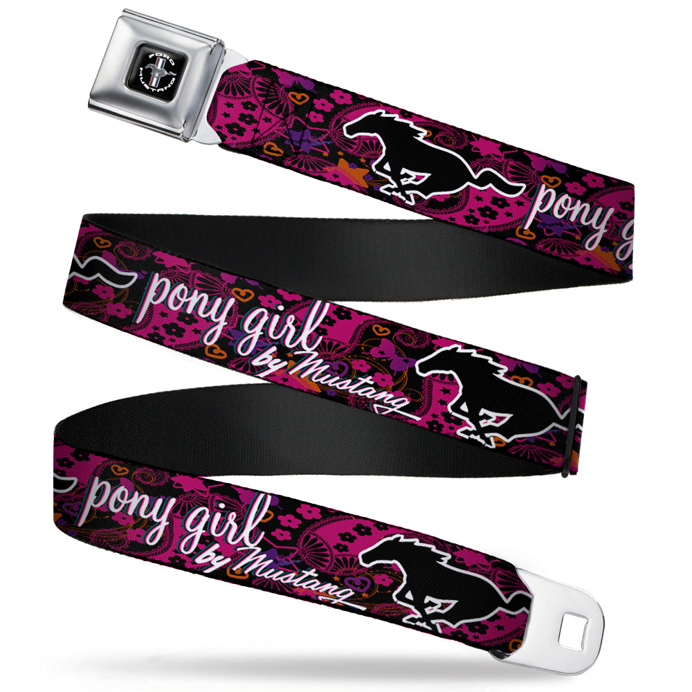 FORD MUSTANG Tri-Bar Logo Full Color Black White Silver Red Blue Seatbelt Belt - Mustang PONY GIRL/Floral Collage Black/Pinks/White Webbing Seatbelt Belts Ford