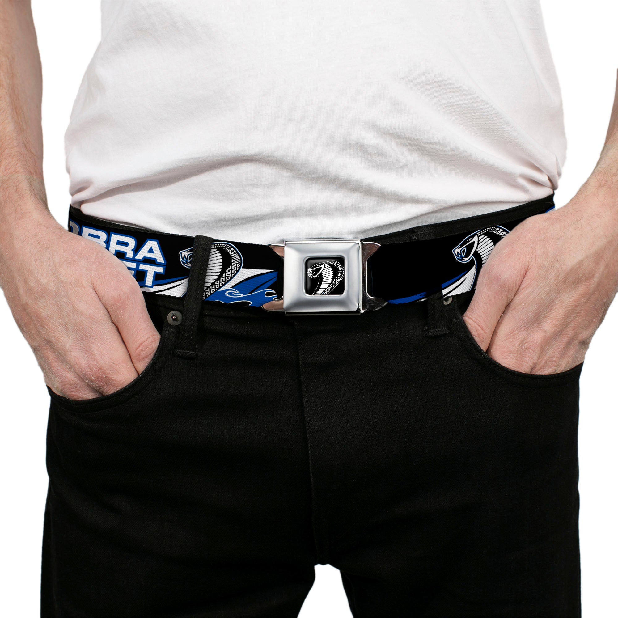 Cobra Head Full Color Black White Seatbelt Belt - COBRA JET/Cobra Head Flame Black/Blue/White Webbing Seatbelt Belts Ford