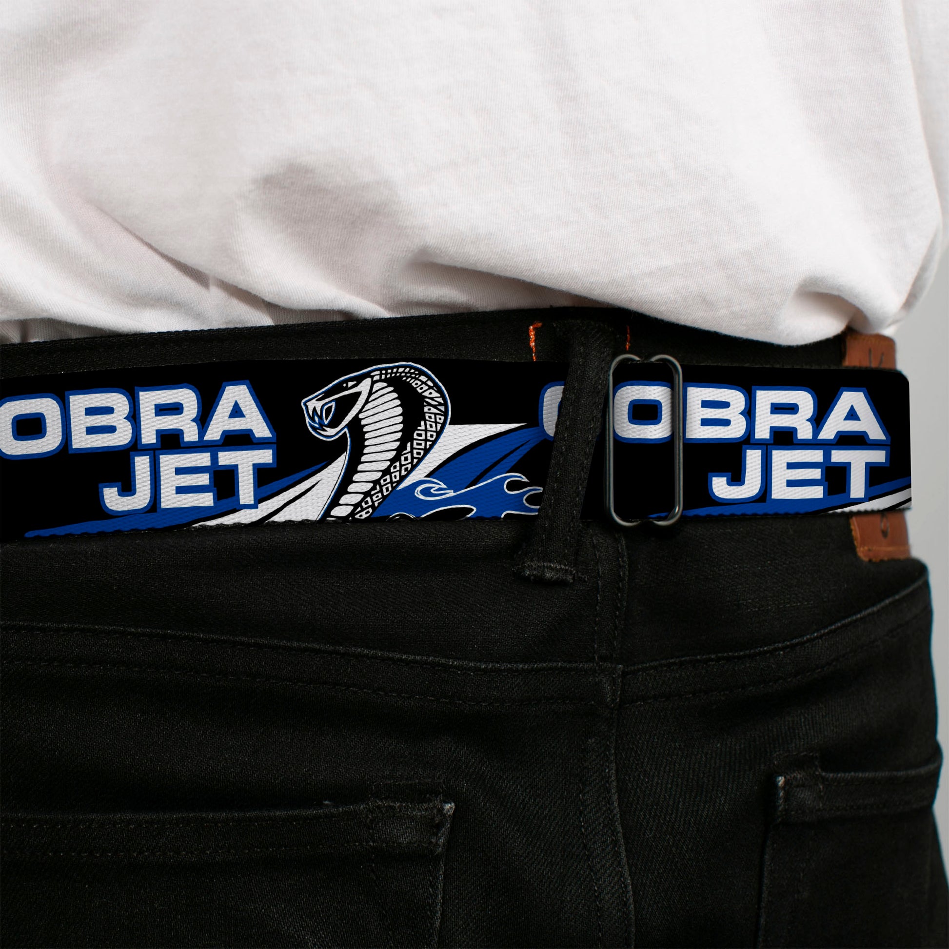 Cobra Head Full Color Black White Seatbelt Belt - COBRA JET/Cobra Head Flame Black/Blue/White Webbing Seatbelt Belts Ford