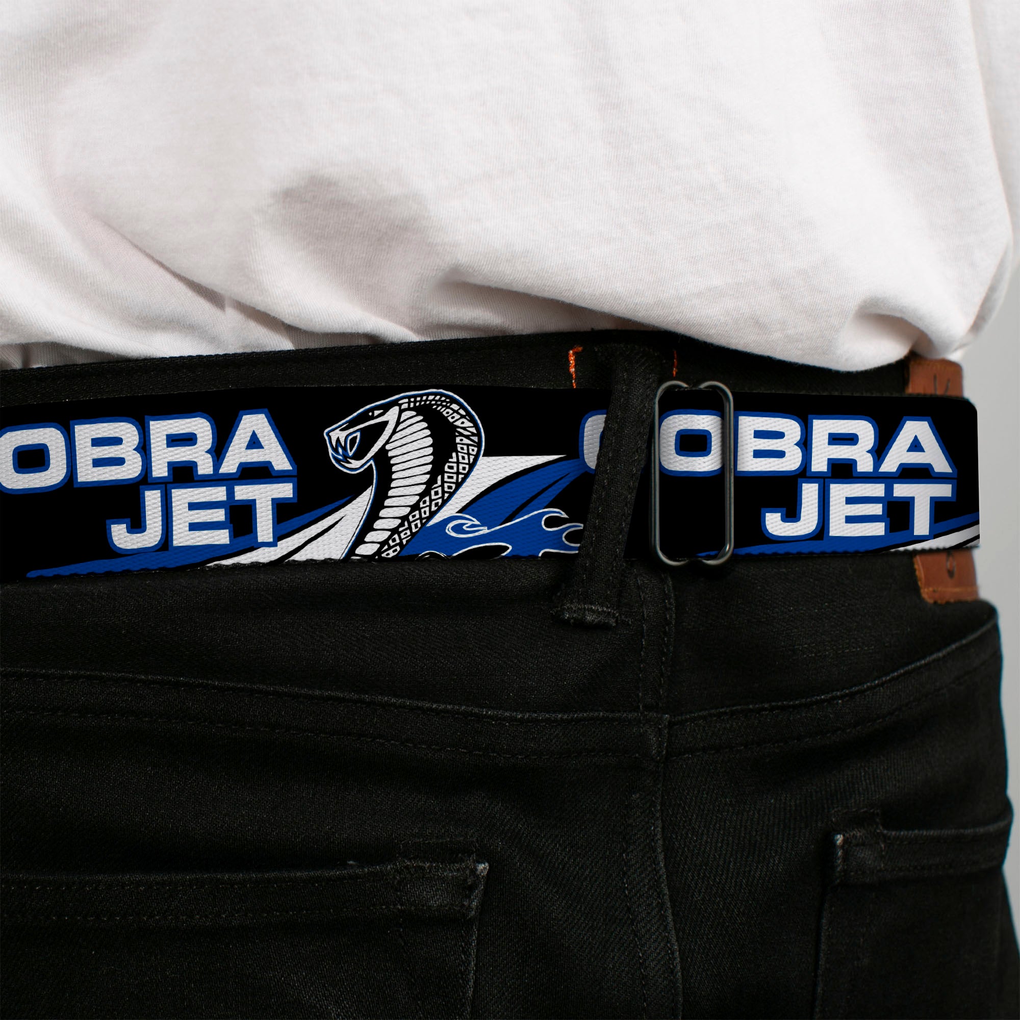 Cobra Head Full Color Black White Seatbelt Belt - COBRA JET/Cobra Head Flame Black/Blue/White Webbing Seatbelt Belts Ford