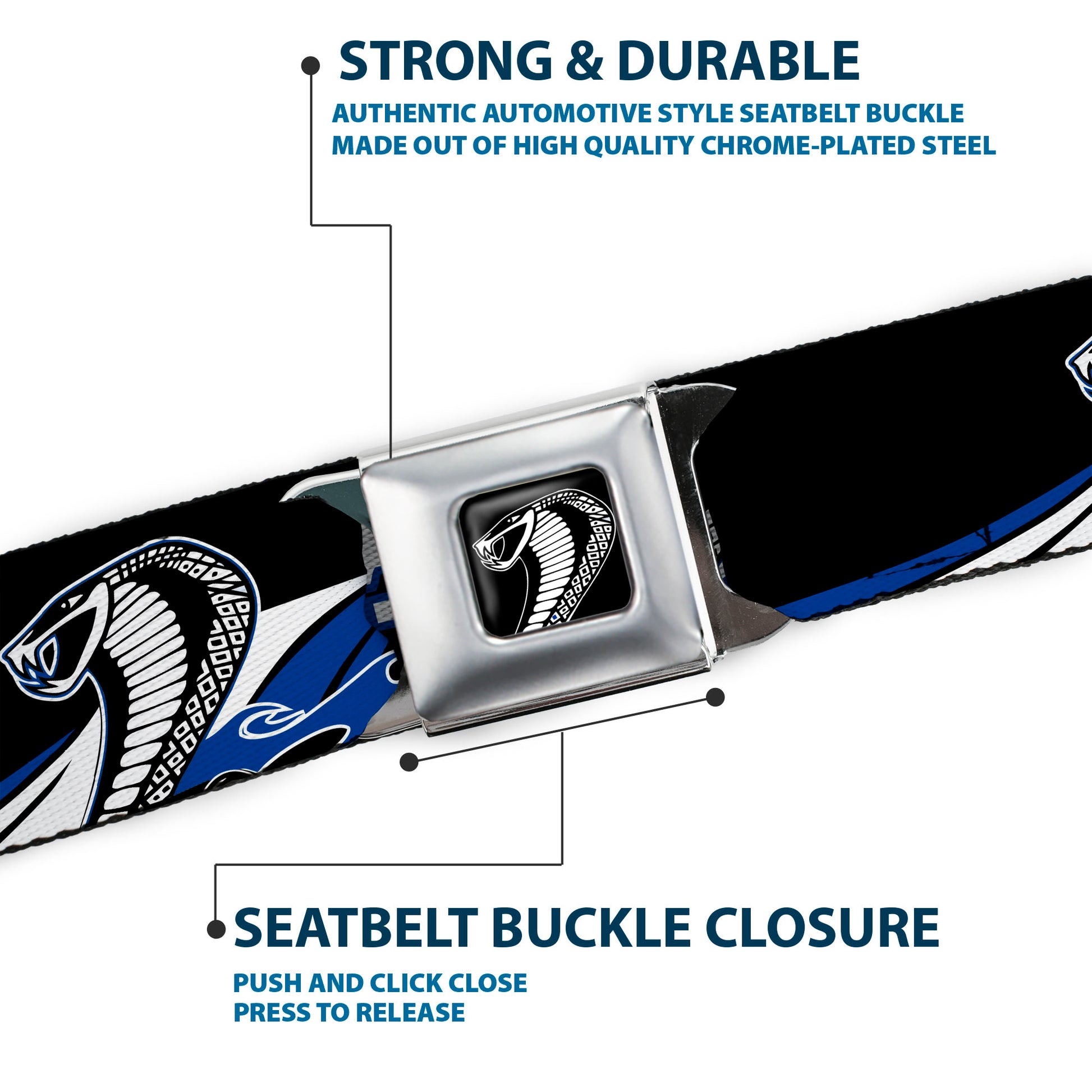 Cobra Head Full Color Black White Seatbelt Belt - COBRA JET/Cobra Head Flame Black/Blue/White Webbing Seatbelt Belts Ford