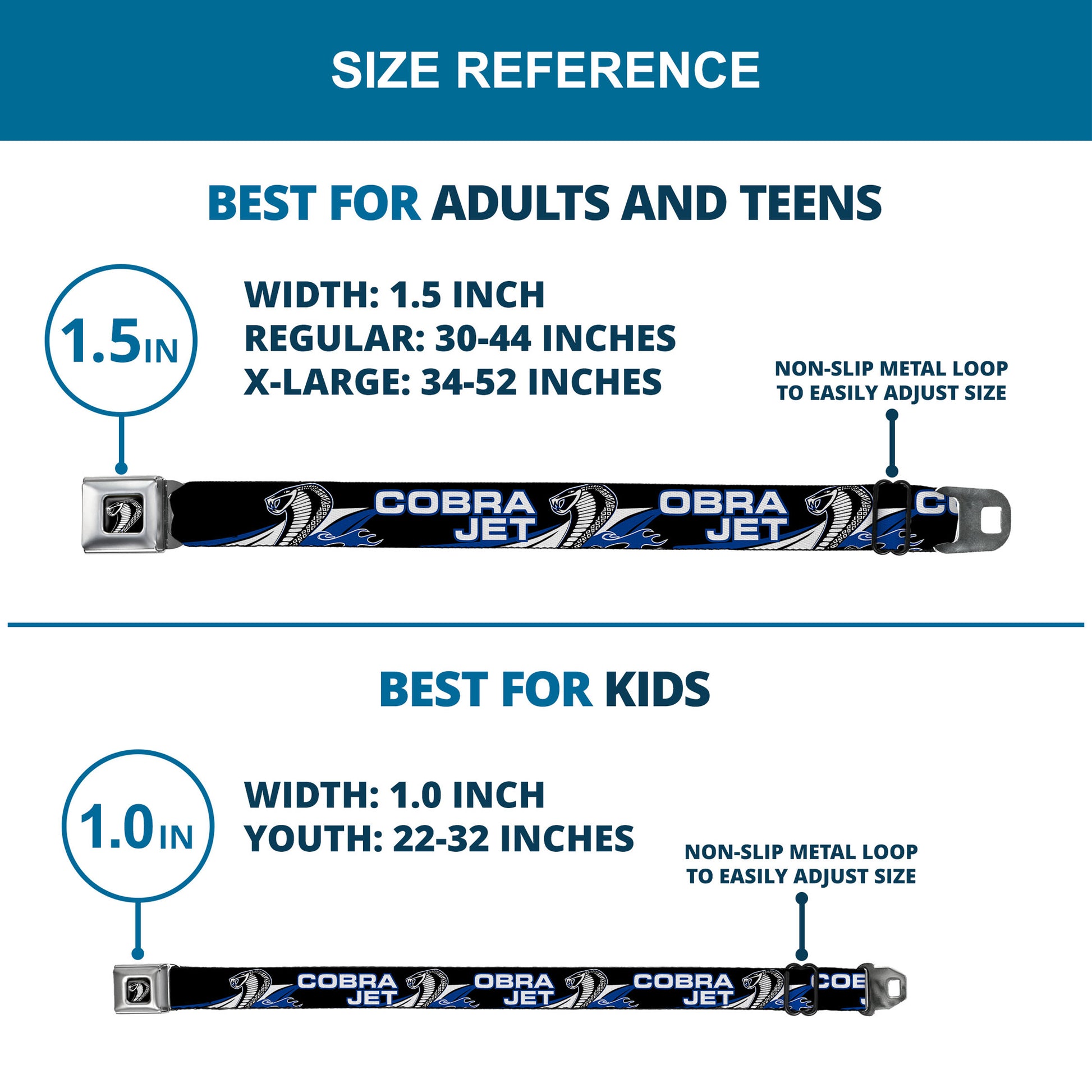 Cobra Head Full Color Black White Seatbelt Belt - COBRA JET/Cobra Head Flame Black/Blue/White Webbing Seatbelt Belts Ford