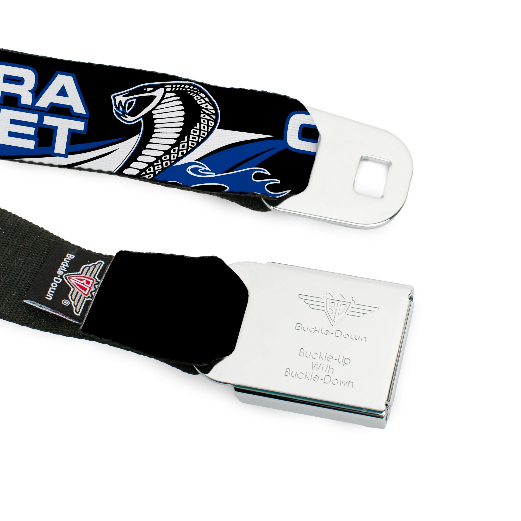 Cobra Head Full Color Black White Seatbelt Belt - COBRA JET/Cobra Head Flame Black/Blue/White Webbing Seatbelt Belts Ford