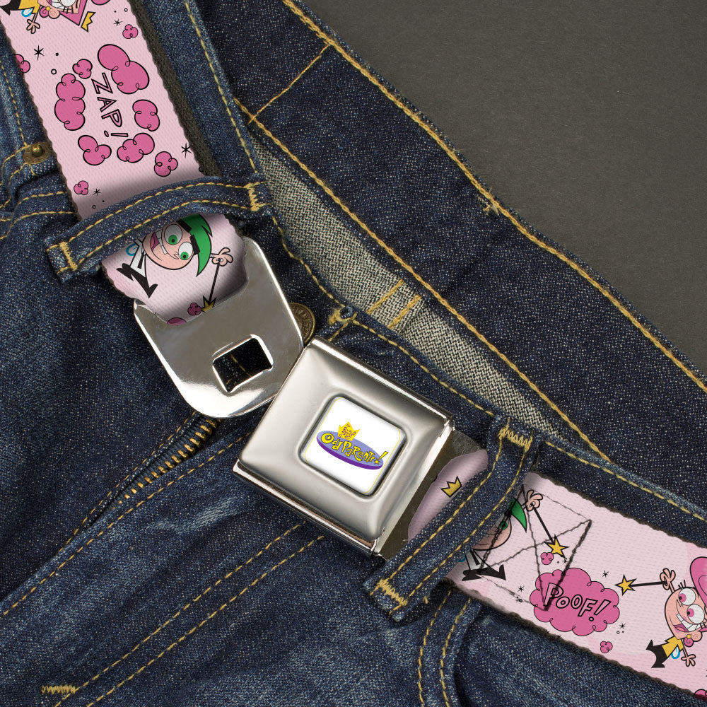 THE FAIRLY ODDPARENTS Logo Full Color White Seatbelt Belt - The Fairly OddParents Cosmo and Wanda Wish Poses Pink Webbing Seatbelt Belts The Fairly OddParents